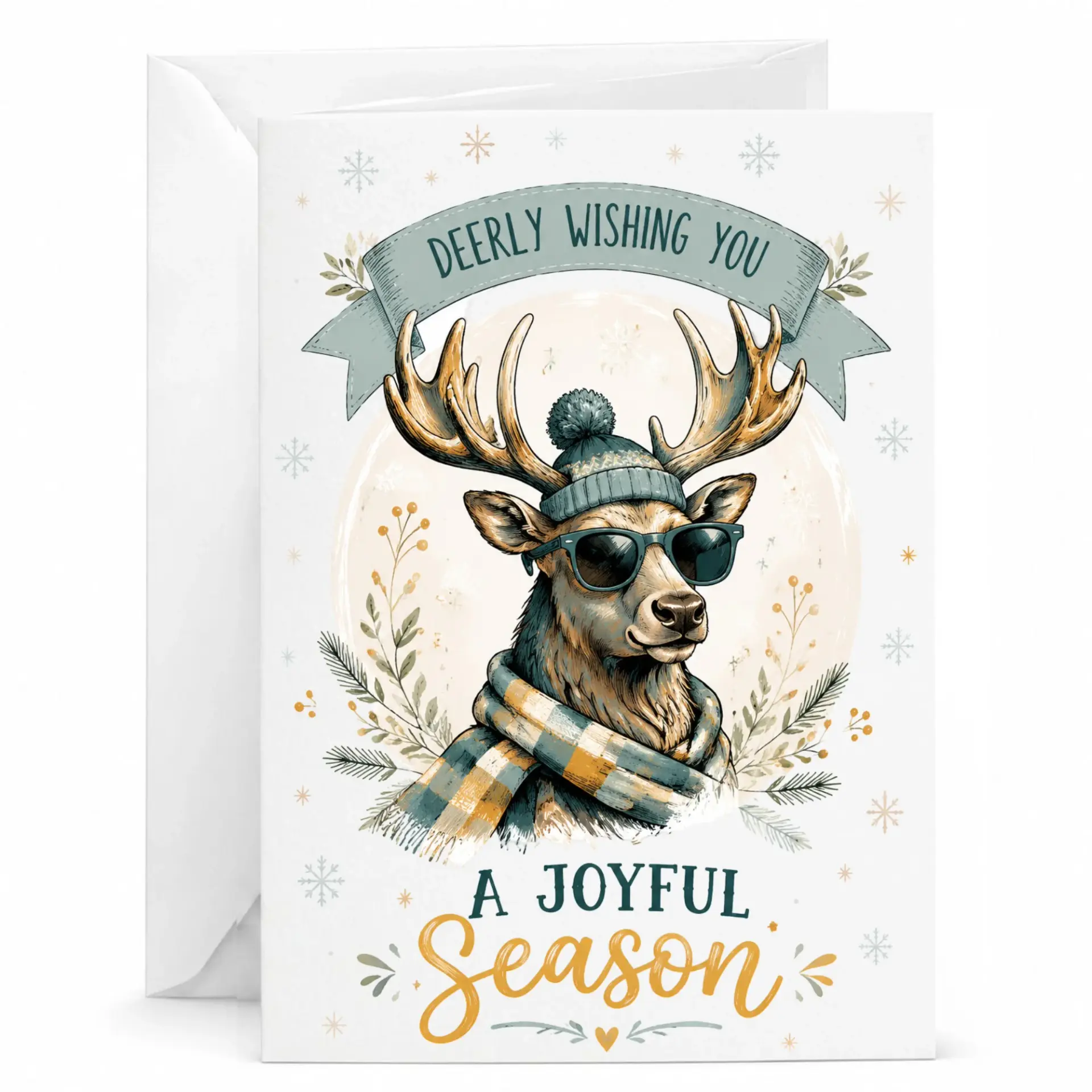 Funny Holiday Greeting Card Deerly Wishing You a Joyful Season with Cute Reindeer in Sunglasses and Scarf Design