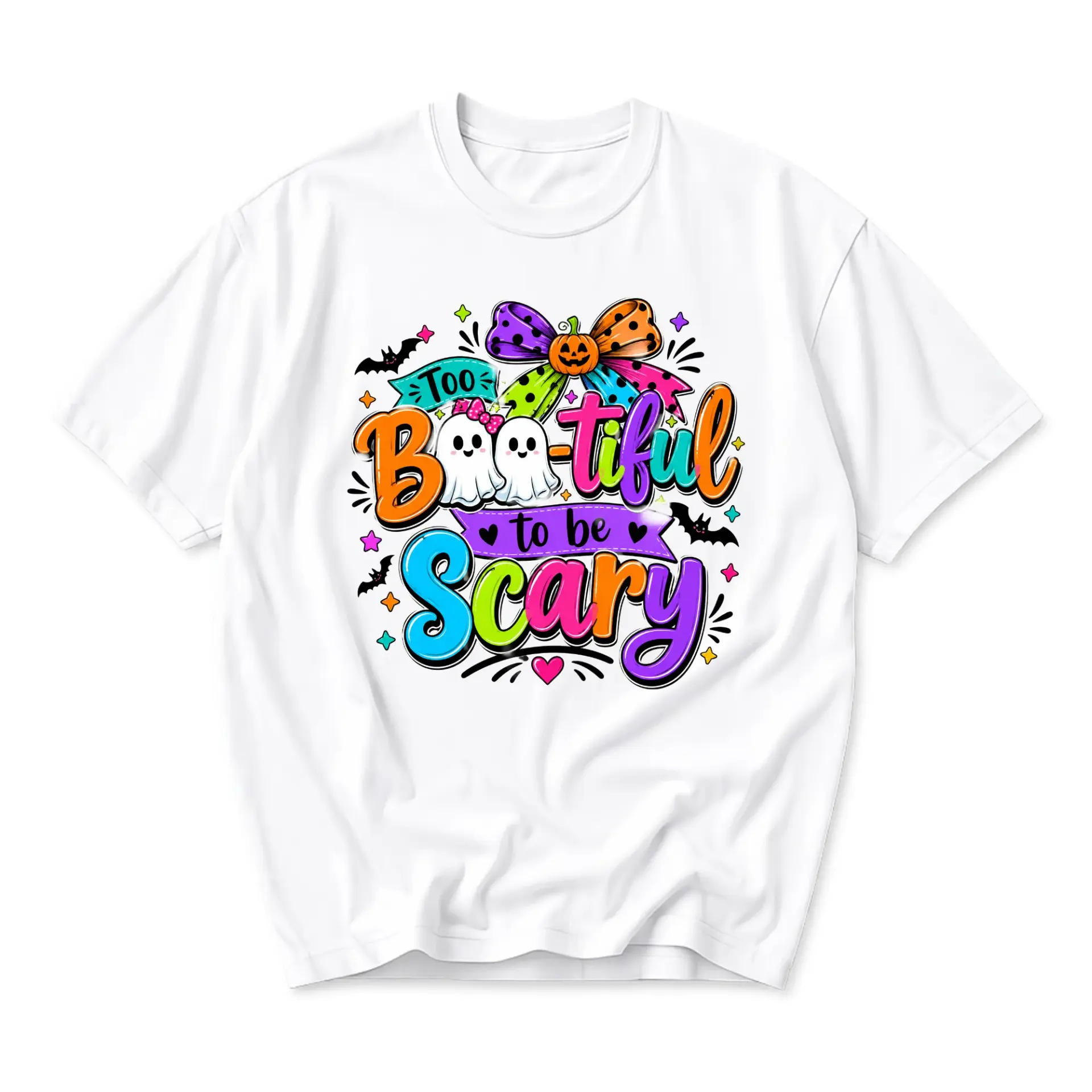 Funny Shirt Too Boo-Tiful to Be Scary Graphic Tee Unisex Crew Neck Short Sleeve Casual Holiday Apparel White