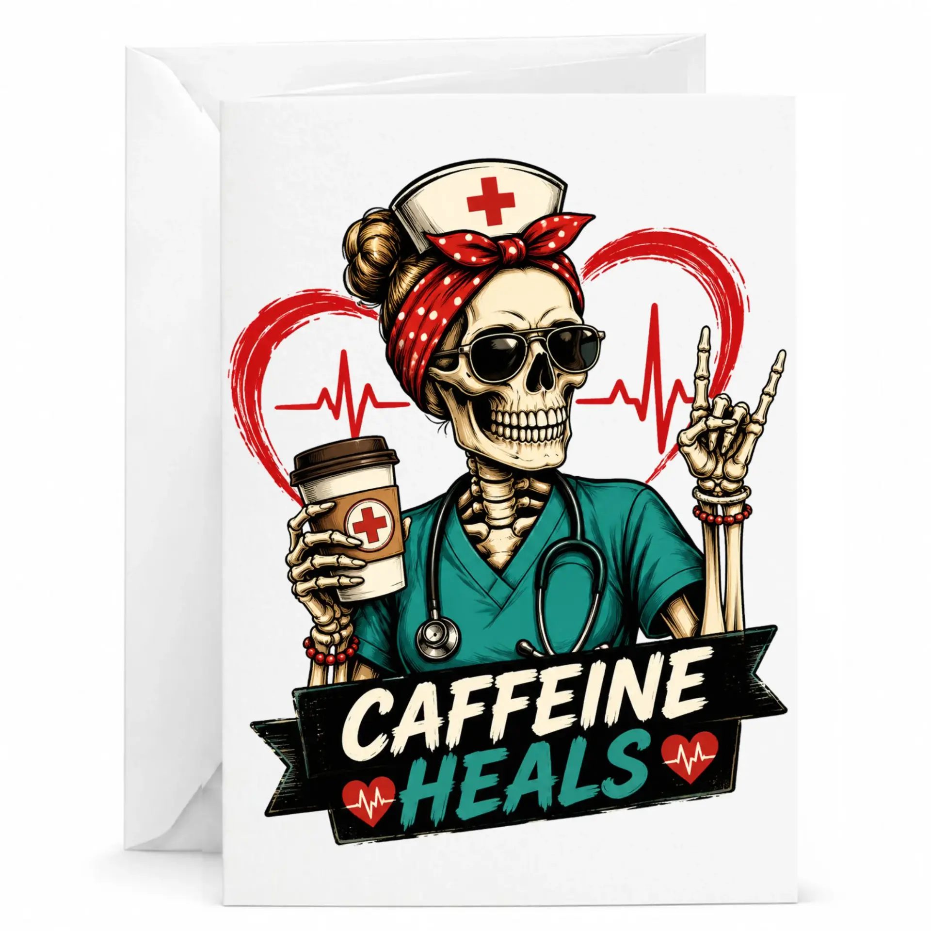Greeting Card Funny Nursing Skeleton Caffeine Heals Nurse Appreciation