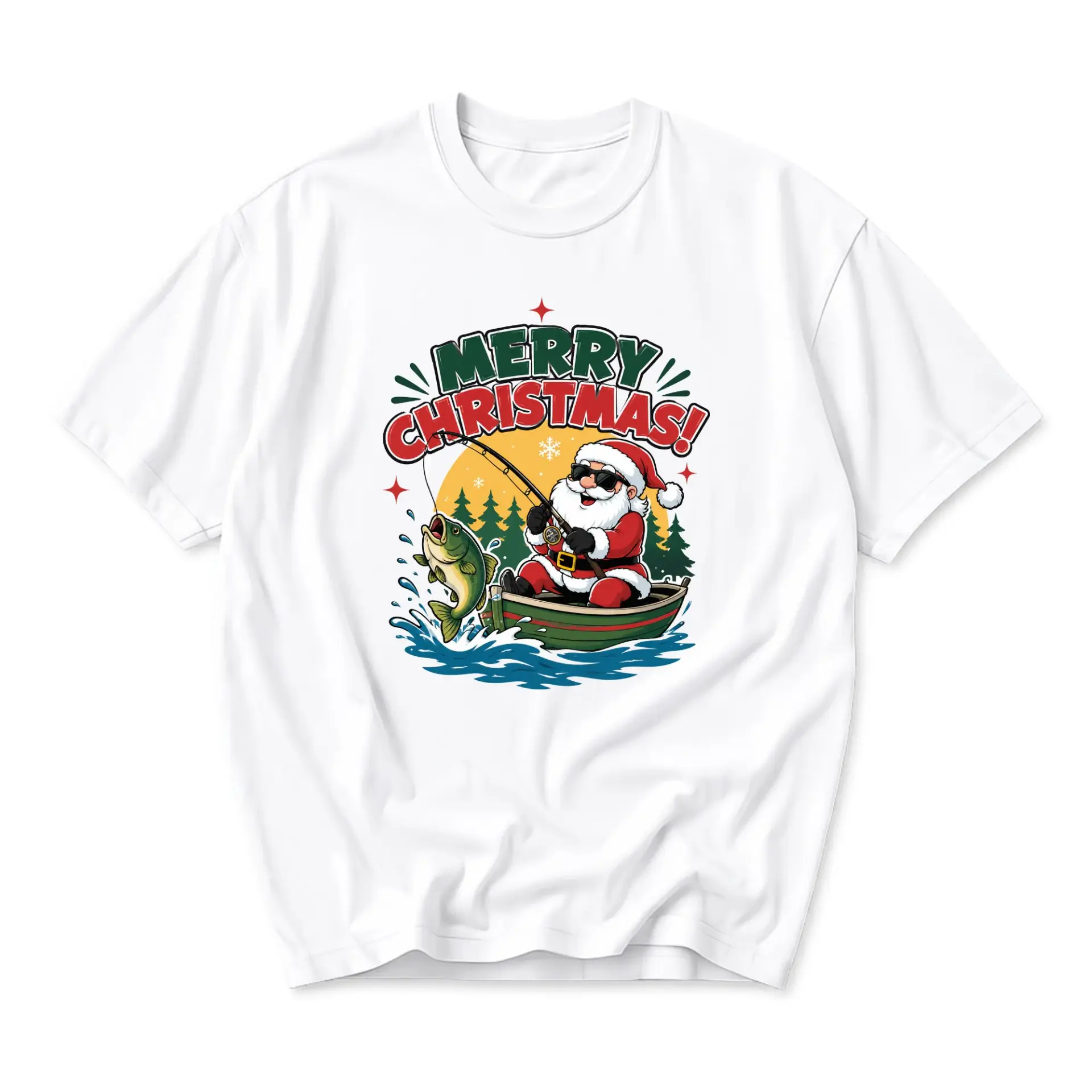 Graphic Tee Merry Christmas Fishing Santa Unisex Casual Shirt Holiday Sporty Top for Everyday Outfit and Gift