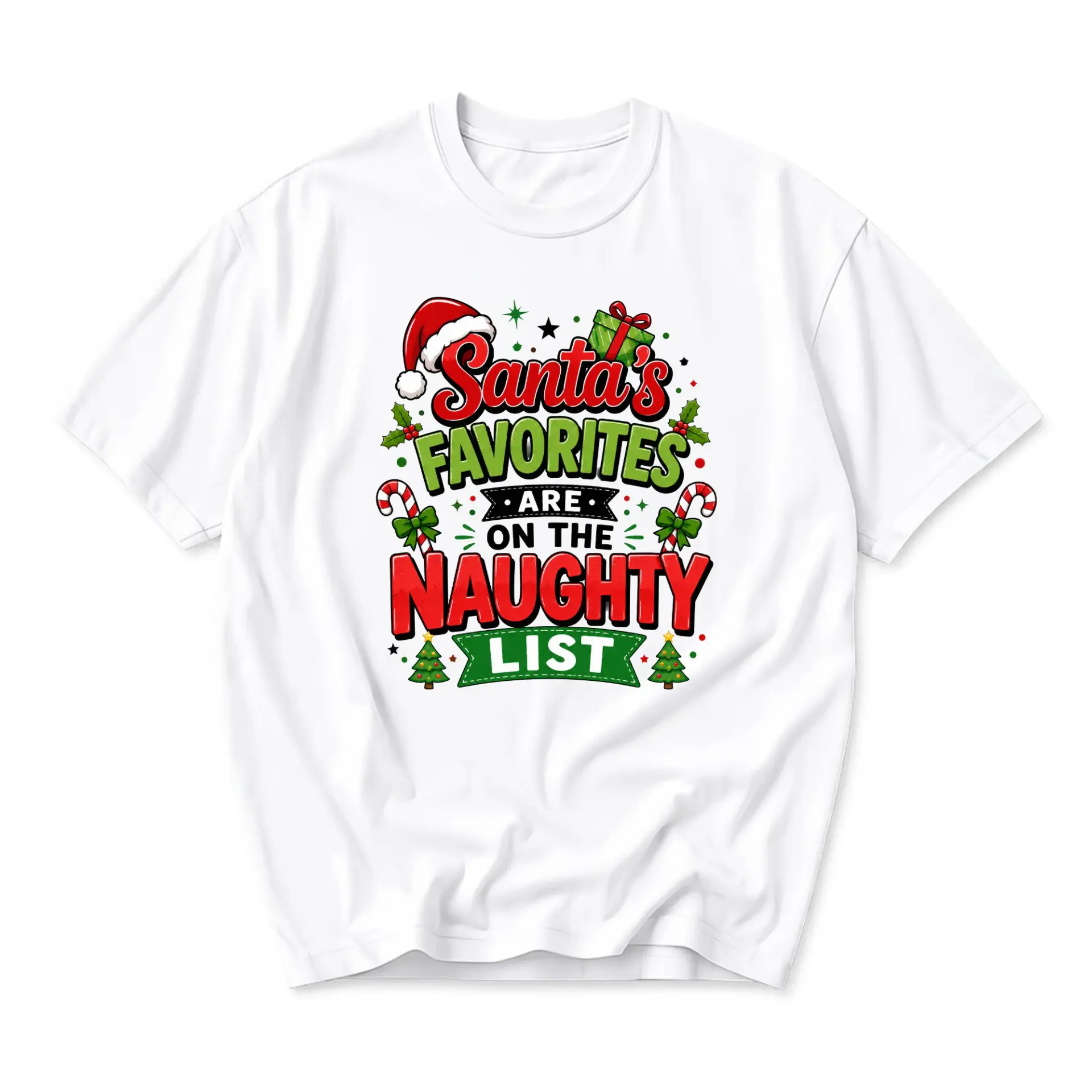 Funny Shirt Santa's Favorites Are on the Naughty List Graphic Tee Festive Holiday Unisex Crew Neck Casual Wear Top