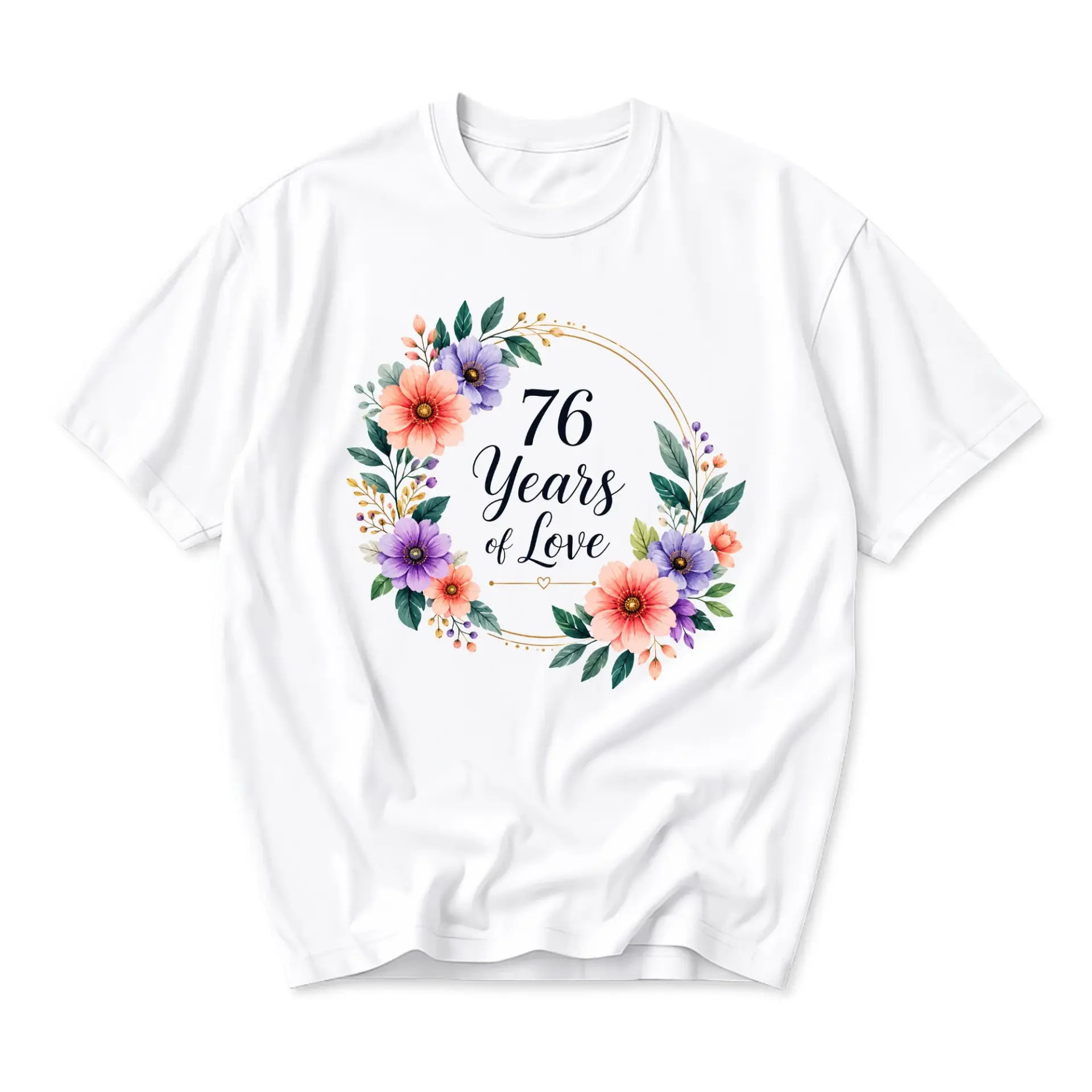 Graphic Tee 76 Years of Love Floral Wreath Anniversary Shirt Unisex Crew Neck Short Sleeve Cotton Casual Apparel