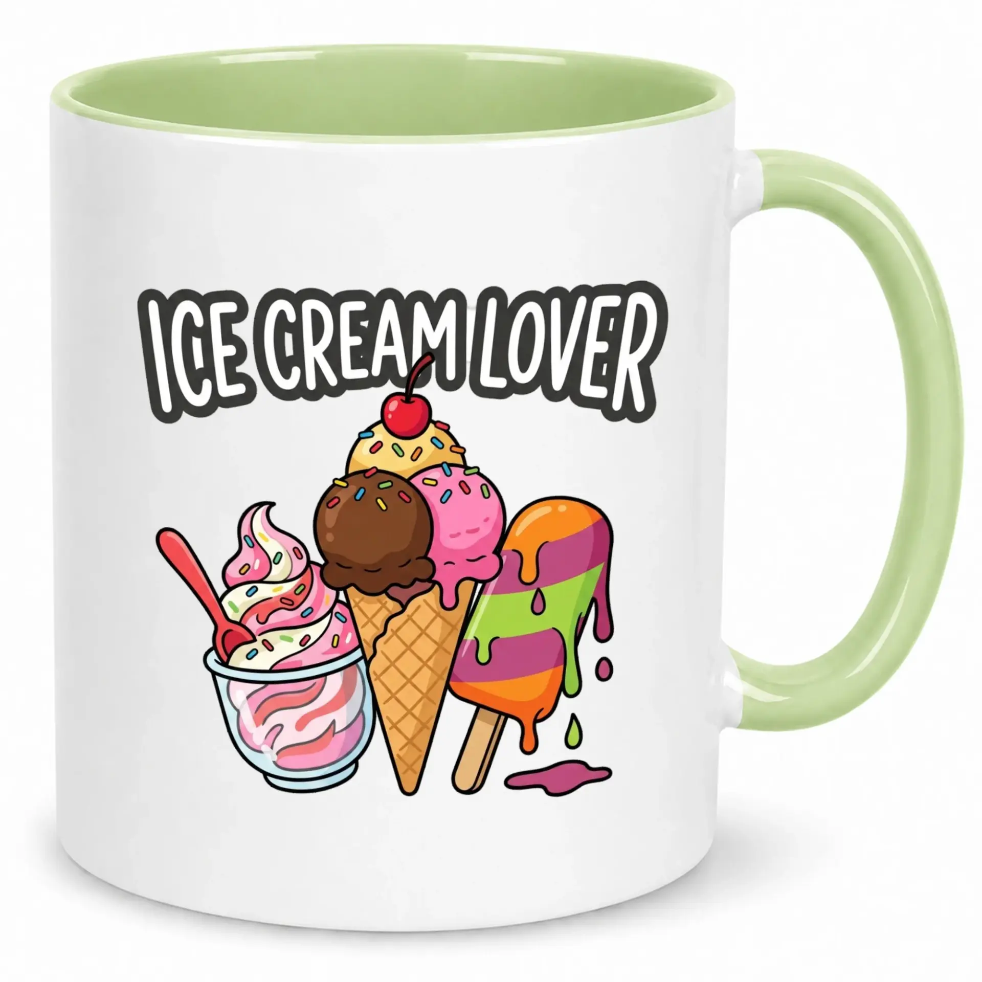 Funny Ice Cream Lover Ceramic Coffee Mug with Colorful Desserts Design, 11oz or 15oz White Glossy Beverage Cup for Hot Drinks
