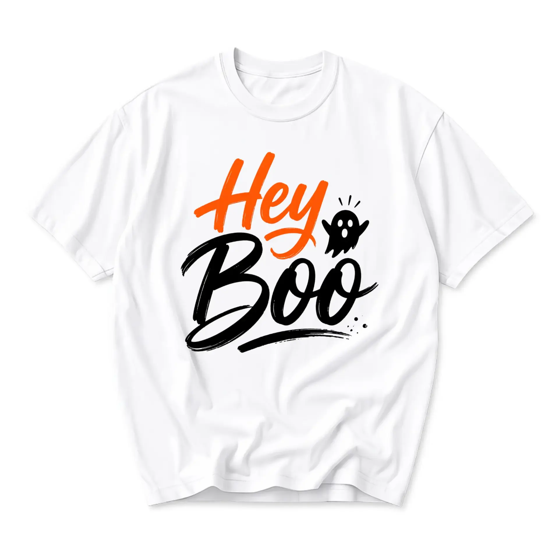 Graphic Tee Hey Boo Ghost Halloween Phrase Unisex Crew Neck Short Sleeve Shirt for Casual Holiday Wear and Party Outfits