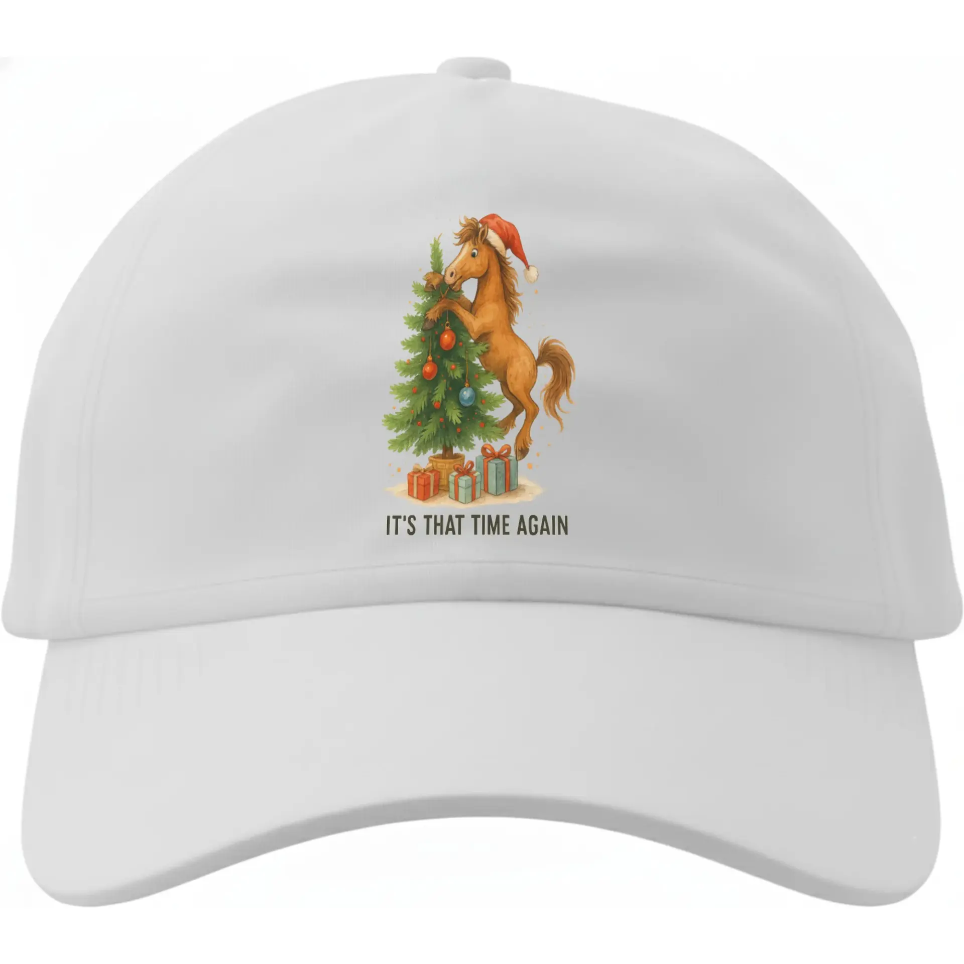 Baseball Cap with Funny Horse Decorating Christmas Tree Graphic for Seasonal Holiday Apparel and Casual Everyday Wear