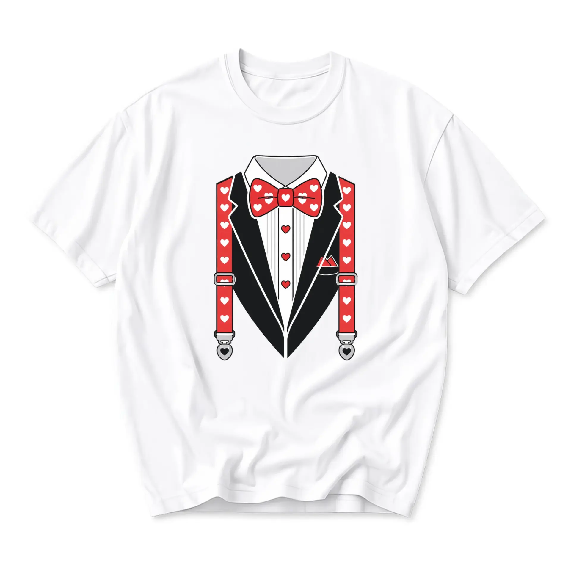 Funny Shirt Tuxedo Costume Graphic Tee with Red Heart Pattern Suspenders and Bow Tie Print Unisex Casual Crew Neck Top