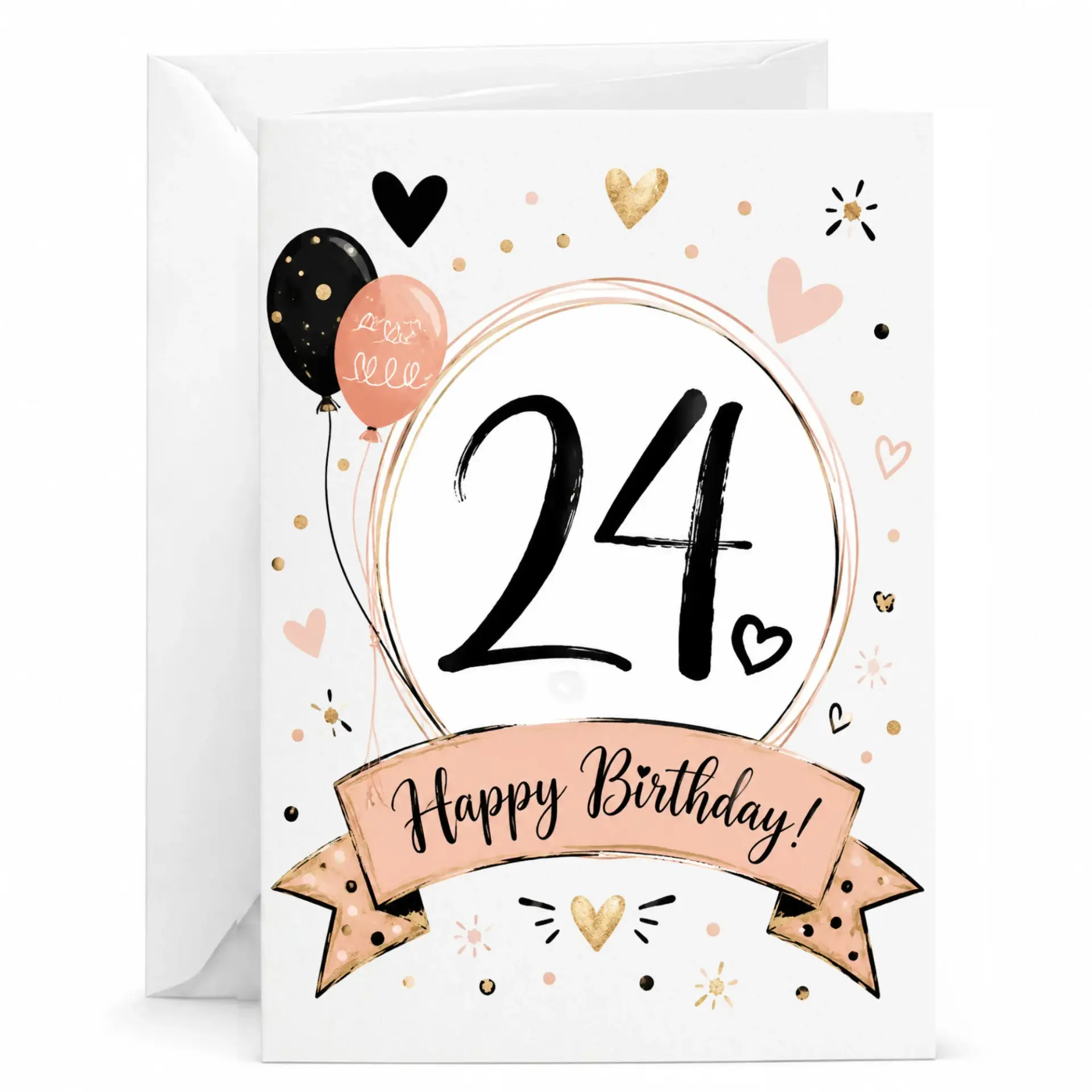 Birthday Card for 24th Birthday Celebration Elegant Black and Rose Gold Balloon Design with Matching White Envelope