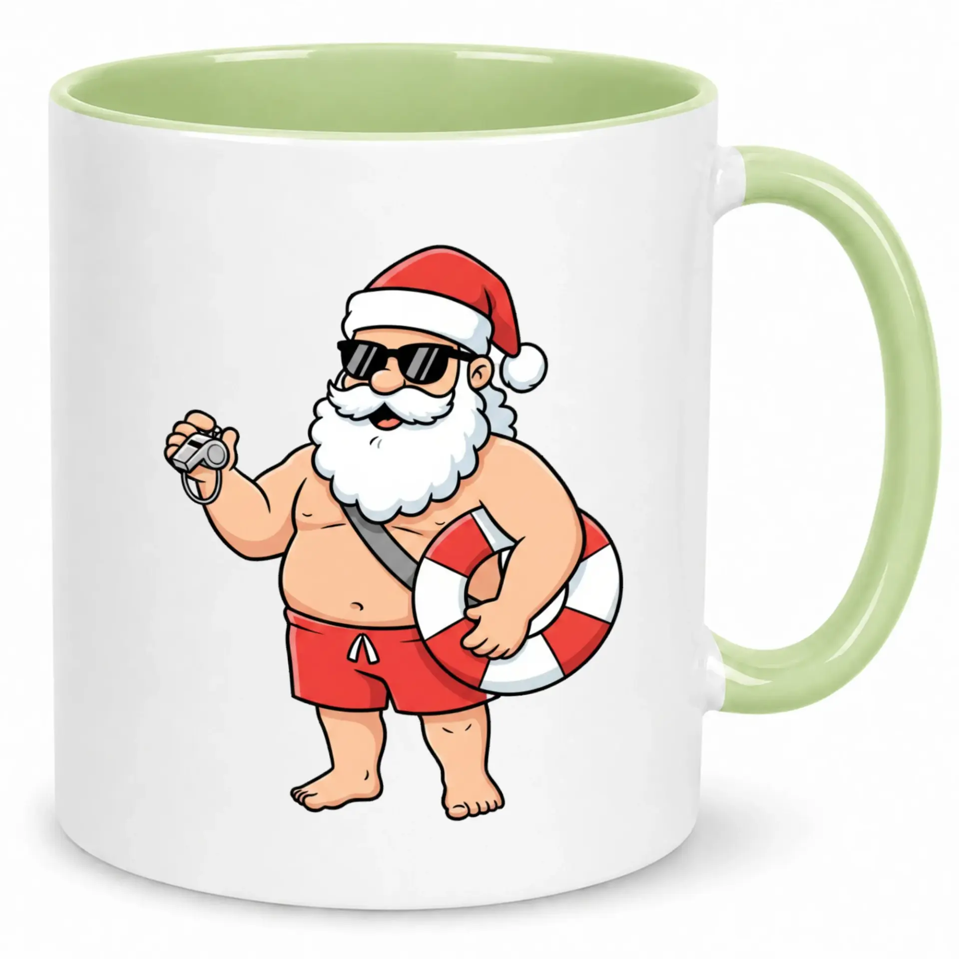 Funny Santa Lifeguard Coffee Mug, Novelty Summer Beach Christmas Holiday Ceramic Cup, Unique Drinkware Gift Idea