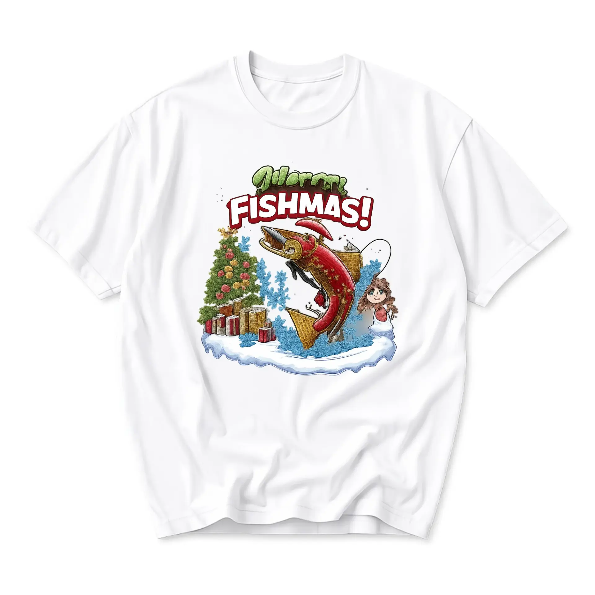 Funny Shirt Fishmas Graphic Tee Holiday Fishing Themed Unisex Crew Neck Casual Cotton Blend Short Sleeve Apparel