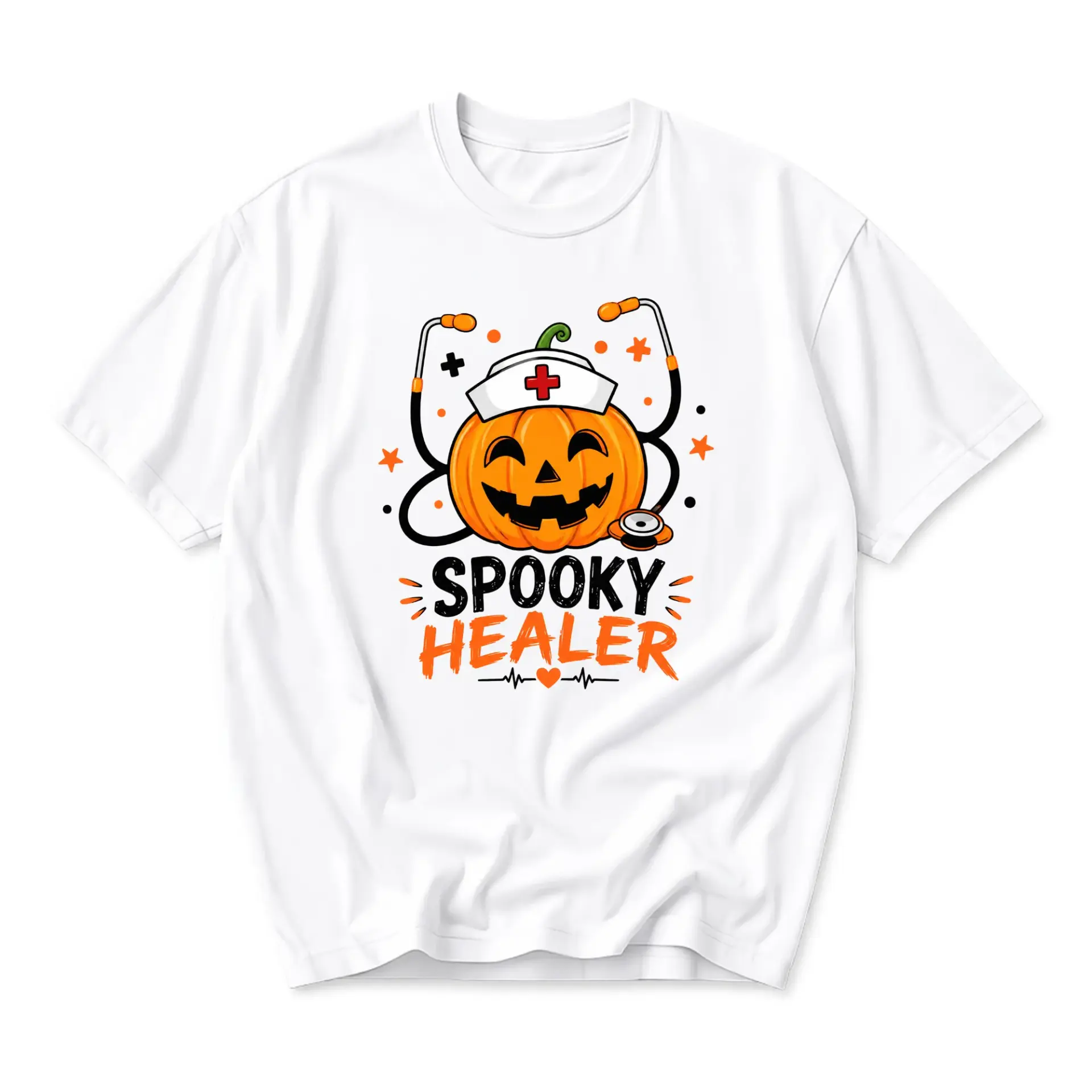Funny Shirt Spooky Healer Nurse Pumpkin Stethoscope Graphic Tee Unisex Casual Wear Soft Cotton Crew Neck T-Shirt