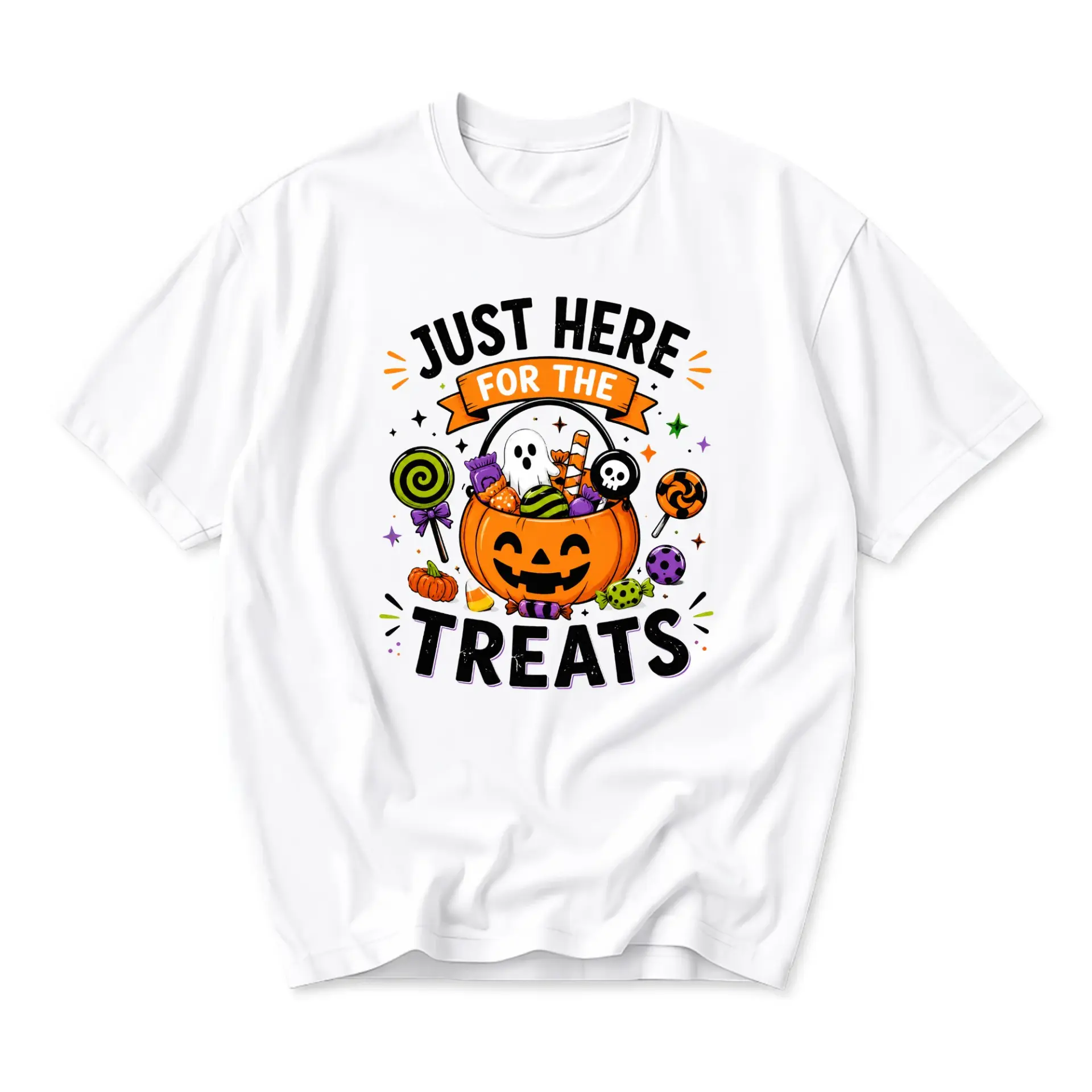Funny Shirt Just Here for the Treats Halloween Graphic Tee Unisex Casual Apparel for Autumn Holiday Celebrations