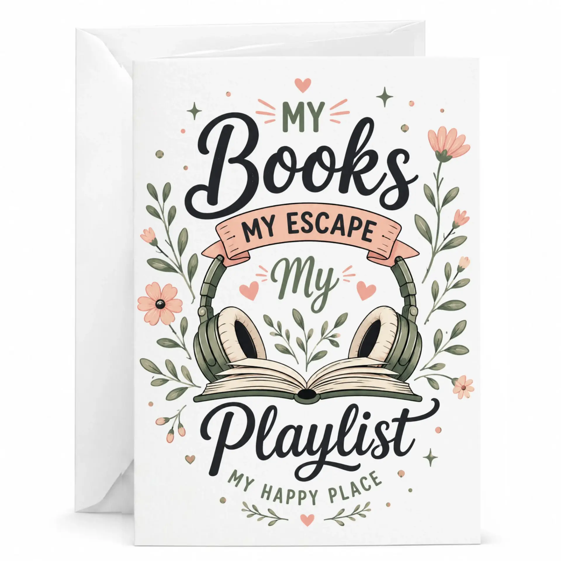 My Books My Escape My Playlist Greeting Card for Book Lovers and Readers with Matching White Envelope 5x7 Inches