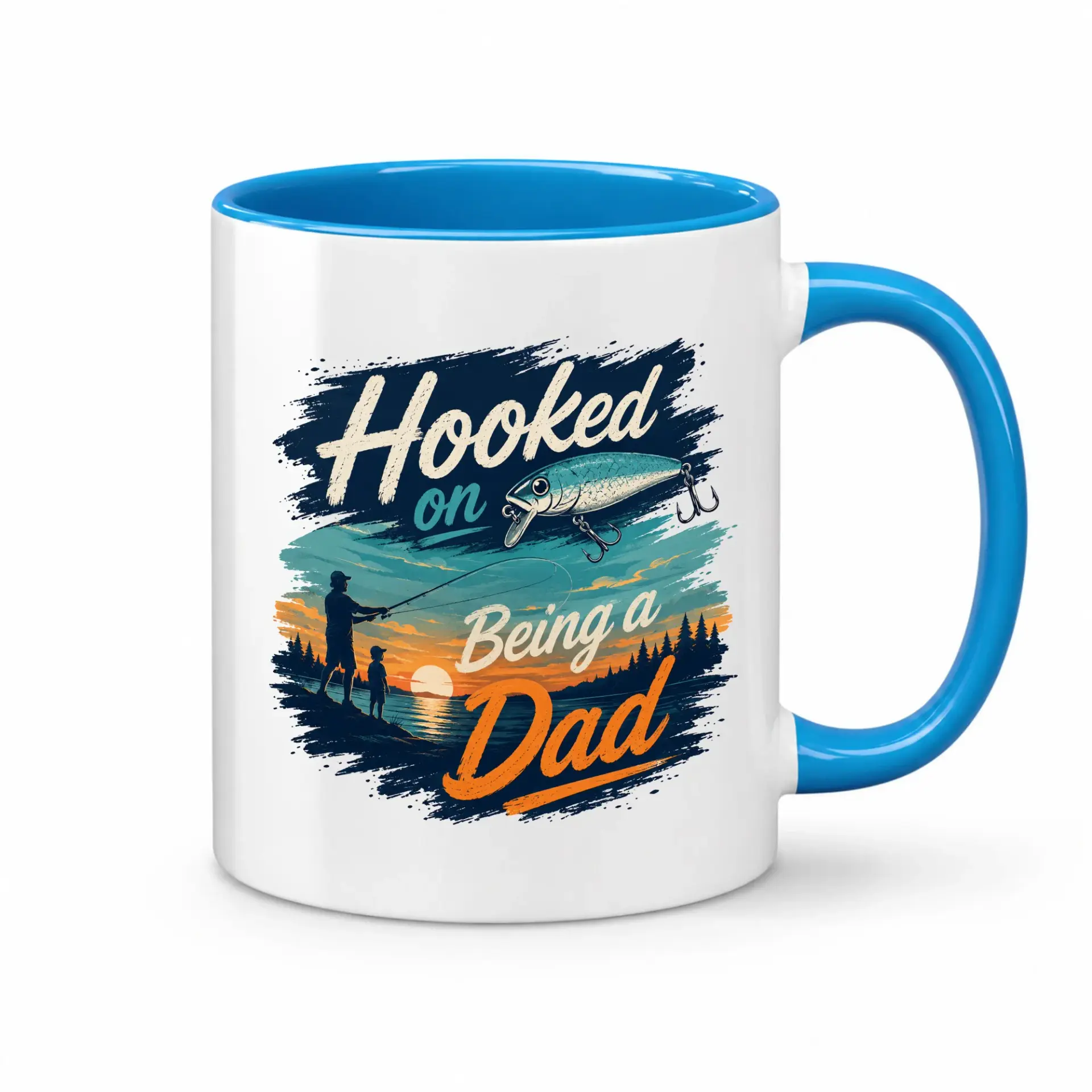 Fishing Themed Coffee Mug on Being a Dad Ceramic Cup with Vibrant Blue Handle for Morning Beverage Enjoyment