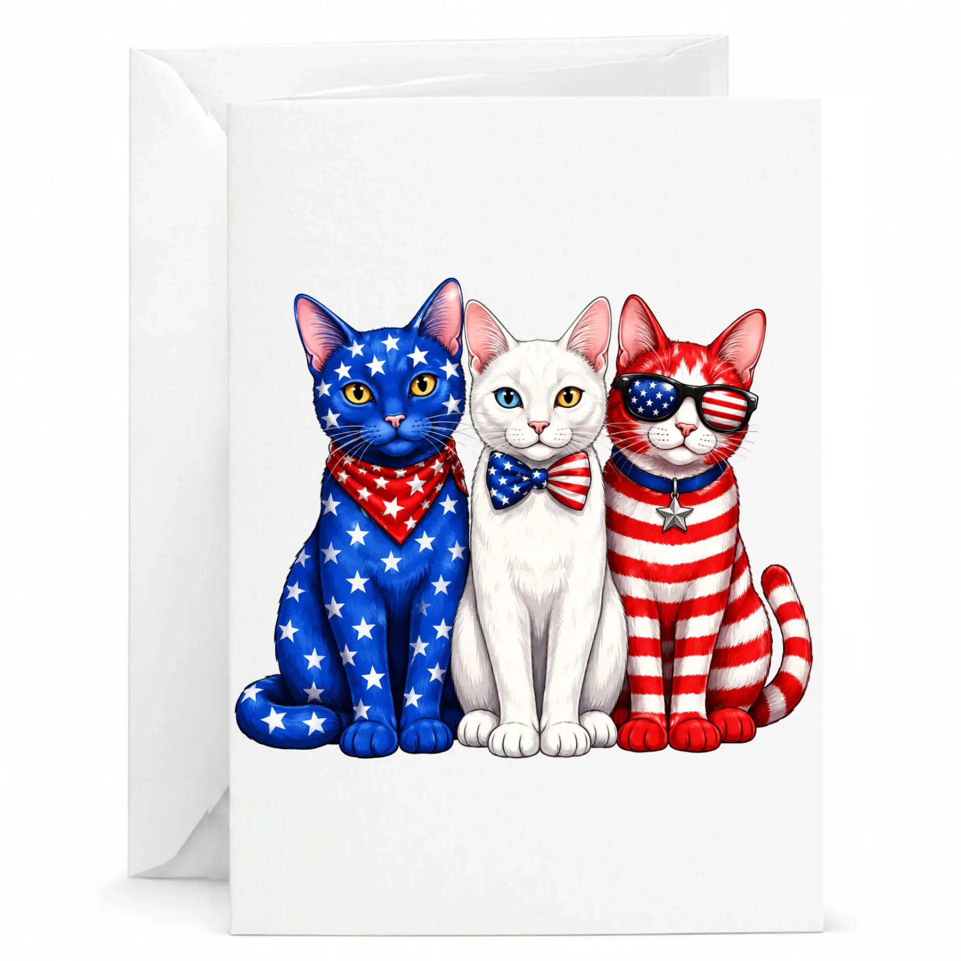Funny Patriotic Cat Greeting Card with Design for Holidays Celebrations 5x7 Inch Folded