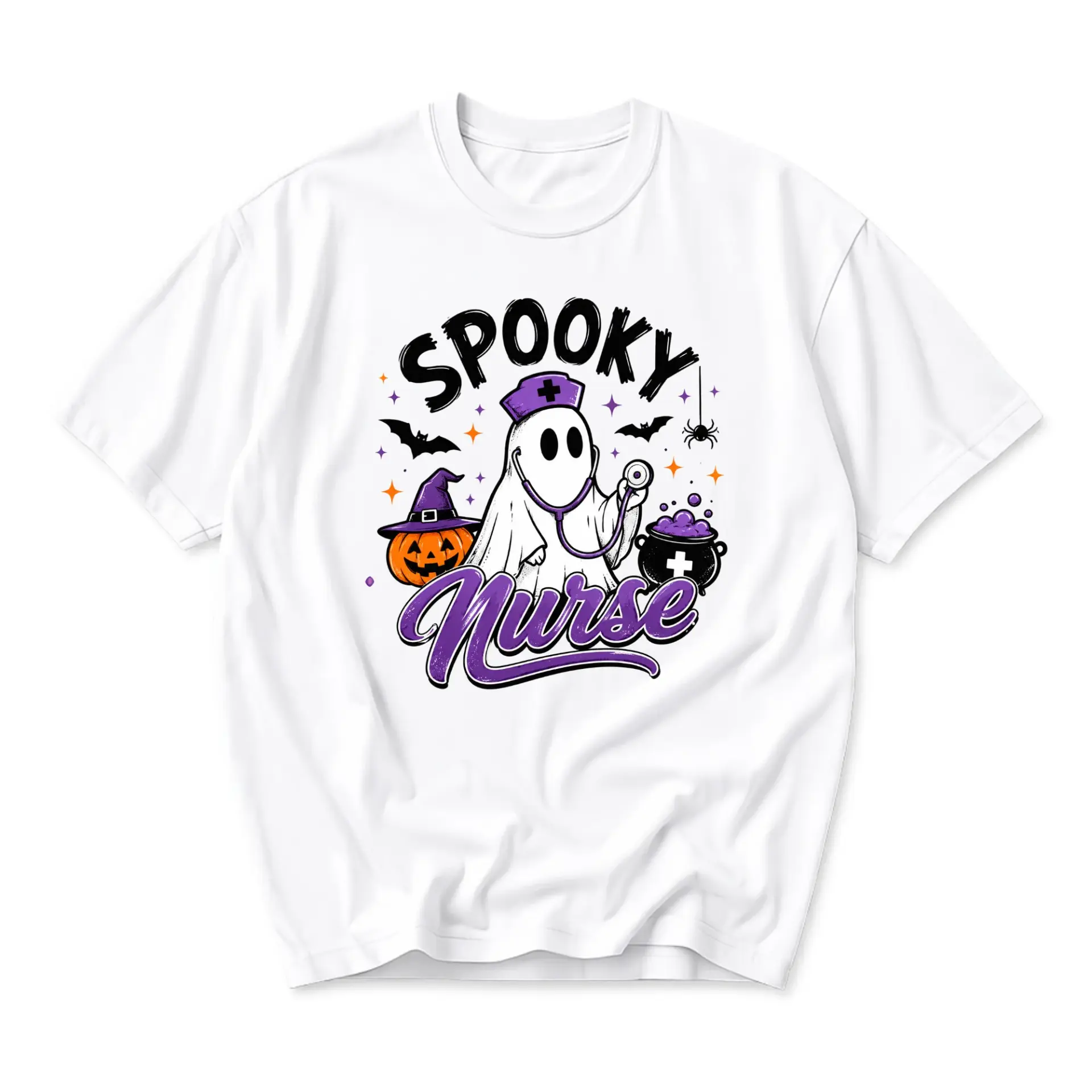 Funny Shirt Spooky Nurse Ghost Halloween Graphic Tee Casual Unisex Crew Neck Top for Nursing Professionals Fall Season