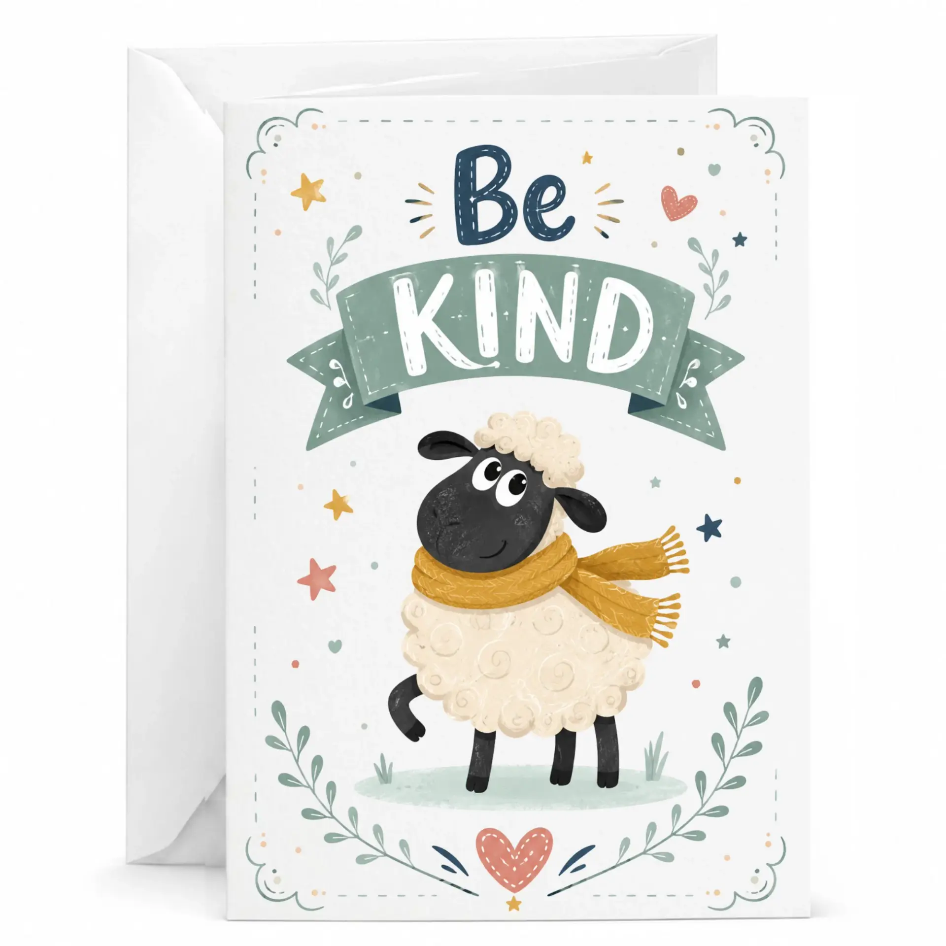 Greeting Card Be Kind Cute Sheep Illustration Inspirational Folded Note for Friends and Family Members