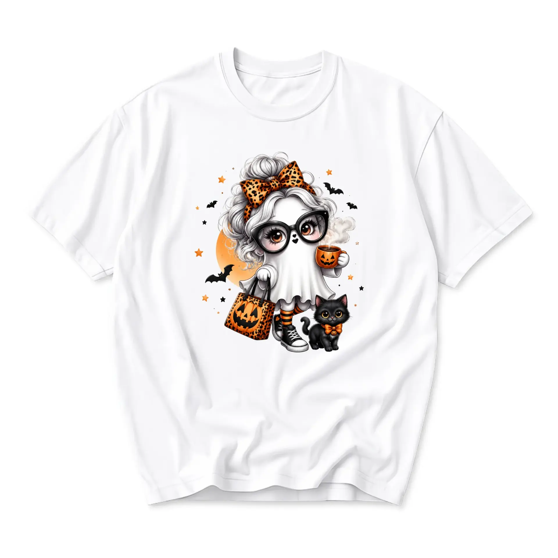 Graphic Tee Cute Halloween Ghost Girl Wearing Leopard Print Bow and Glasses Drinking Coffee with Black Cat Fall Season