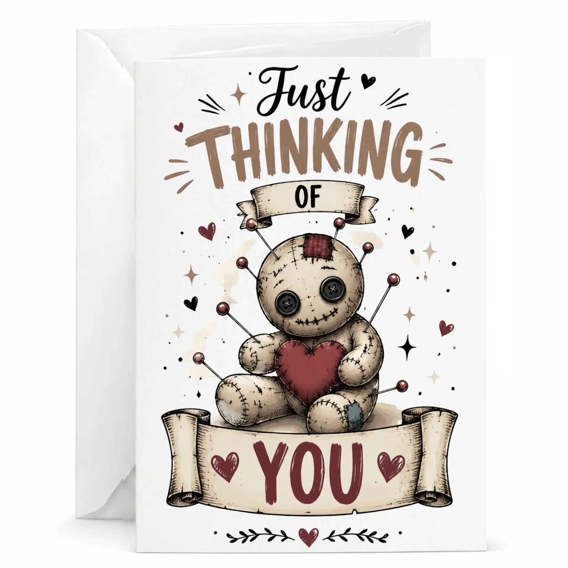 Funny Doll Just Thinking of You Greeting Card for Friends and Loved Ones with Included Matching White Envelope
