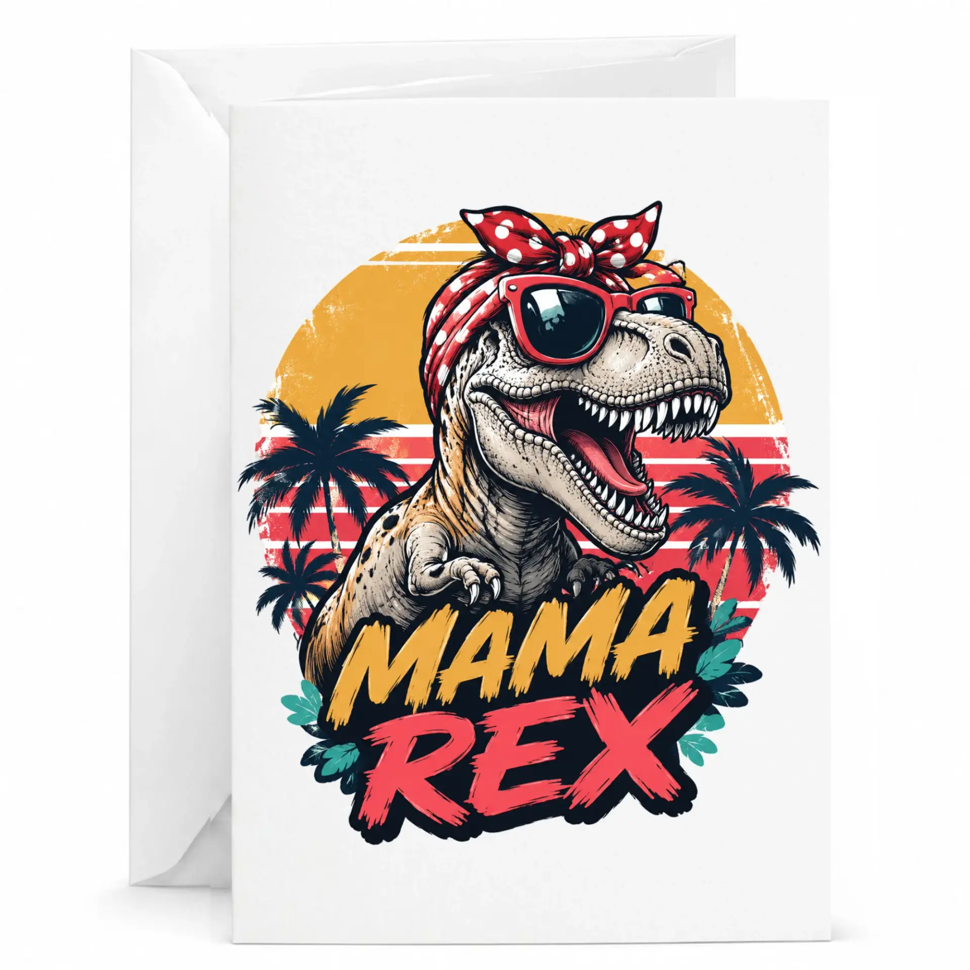 Funny Mama Rex Greeting Card for Her, Dinosaur Birthday Card with Tropical Sunset Graphic for Mothers Day