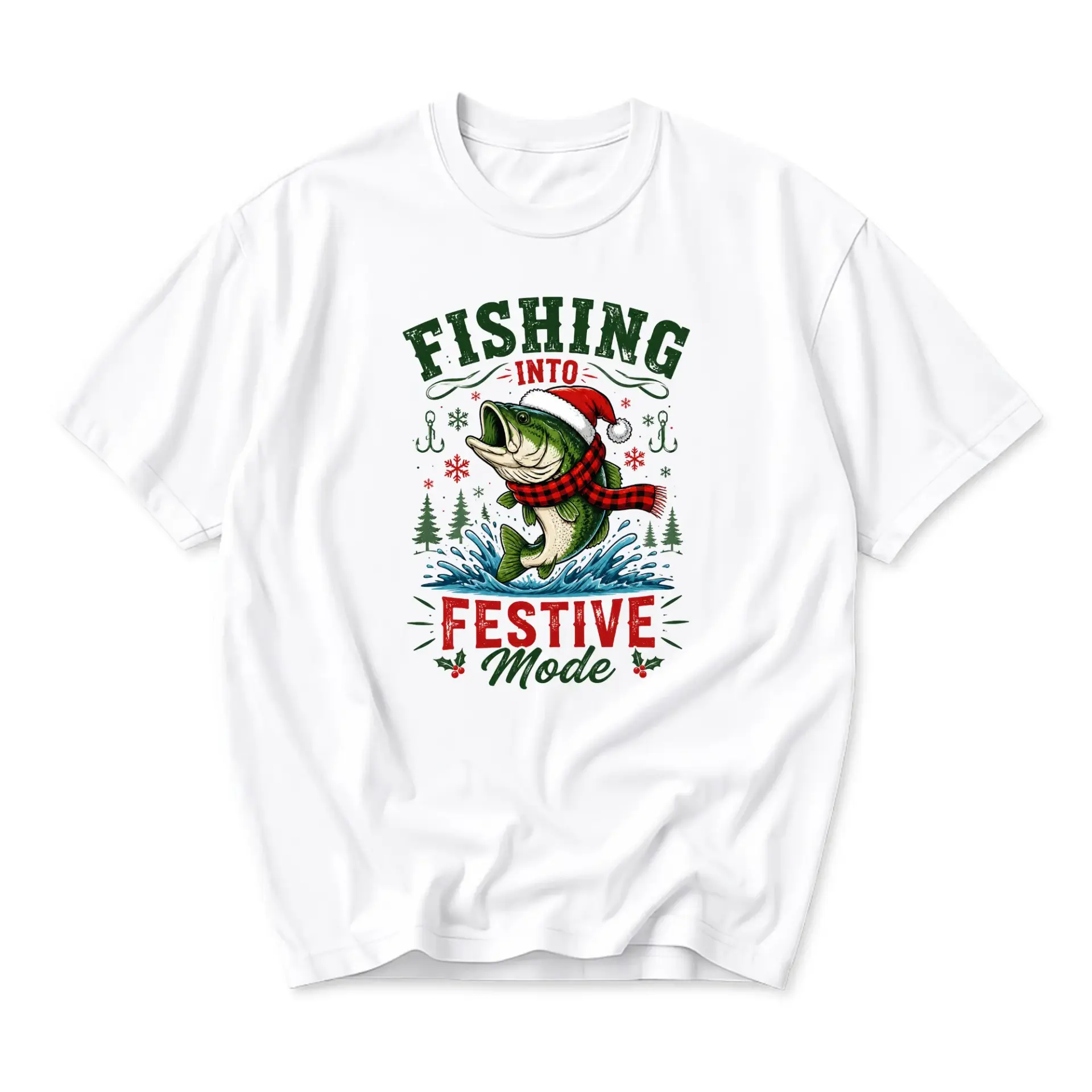 Graphic Tee Fishing into Festive Mode Holiday Shirt Unisex Crew Neck Short Sleeve Cotton Casual Apparel for Outdoors