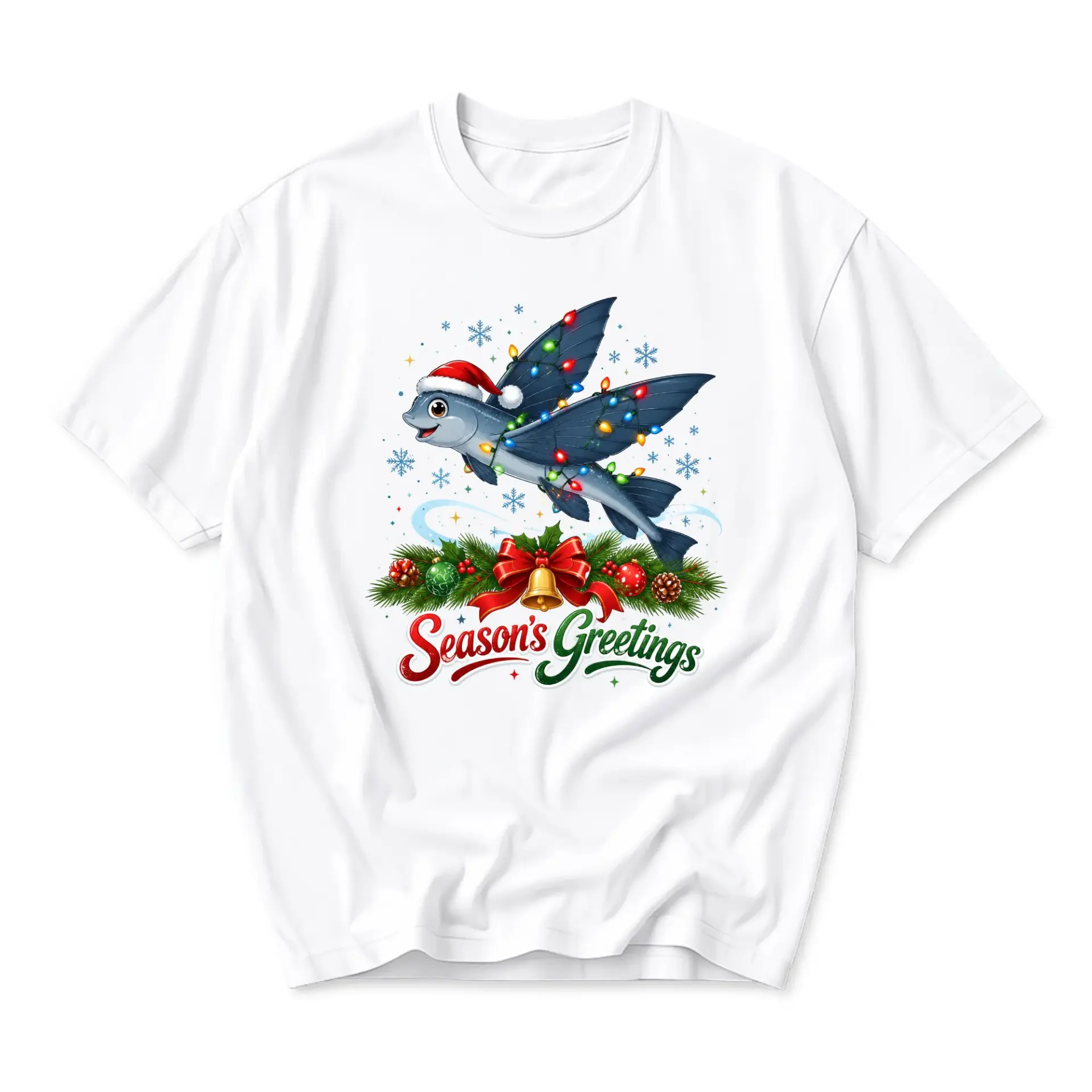T-shirt Graphic Tee Featuring a Festive Flying Fish Holiday Design for
