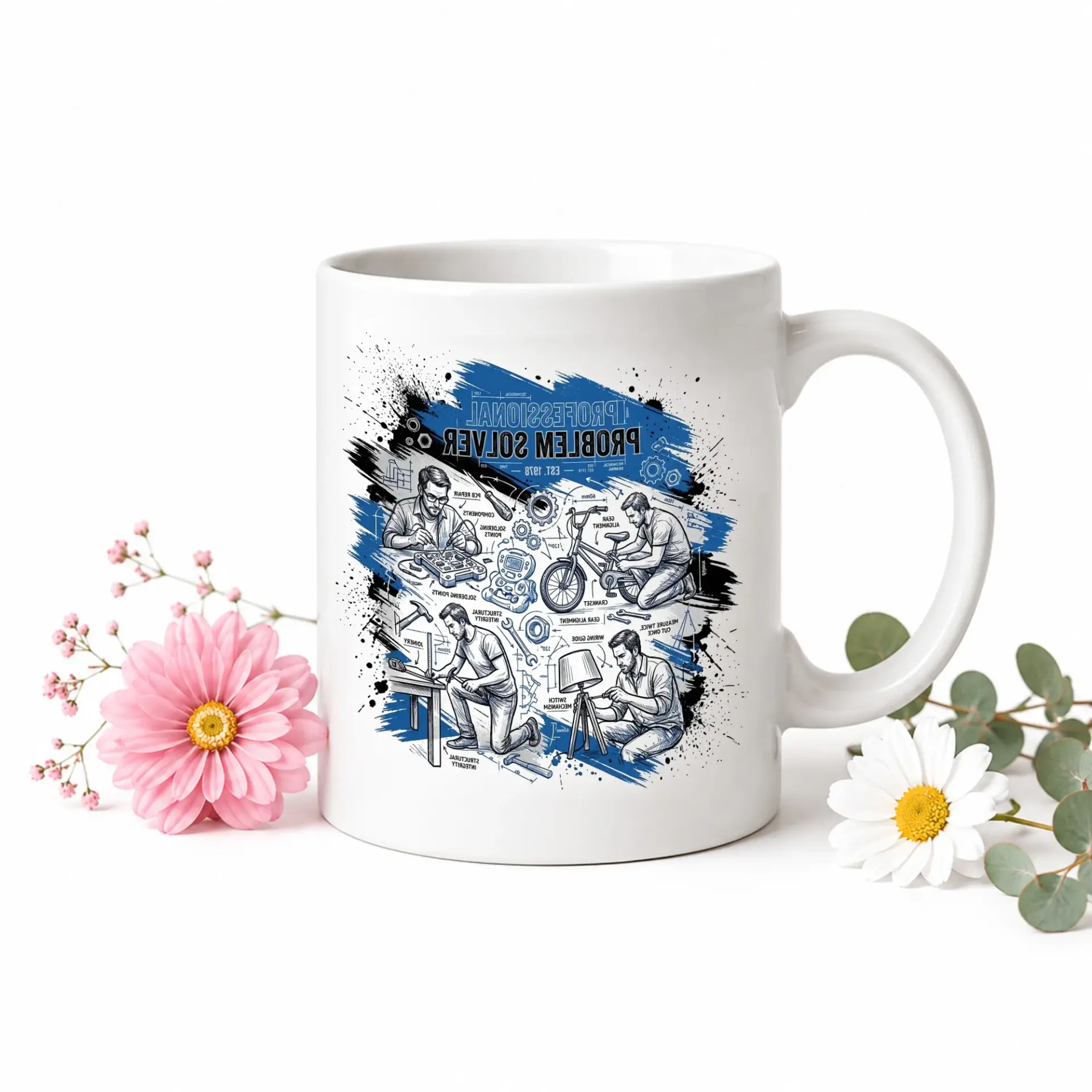 Professional Problem Solver Accent Mug with Blue Handle and Rim Graphic Design for Handyman Engineering Enthusiasts