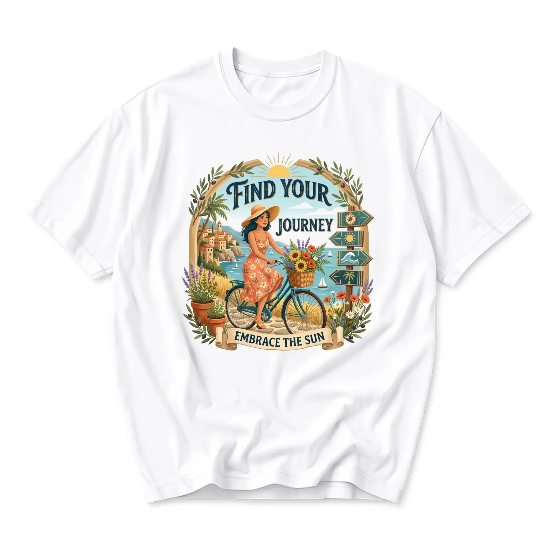 Graphic Tee Find Your Journey Embrace the Sun Retro Coastal Travel Aesthetic Unisex Crew Neck Short Sleeve Shirt