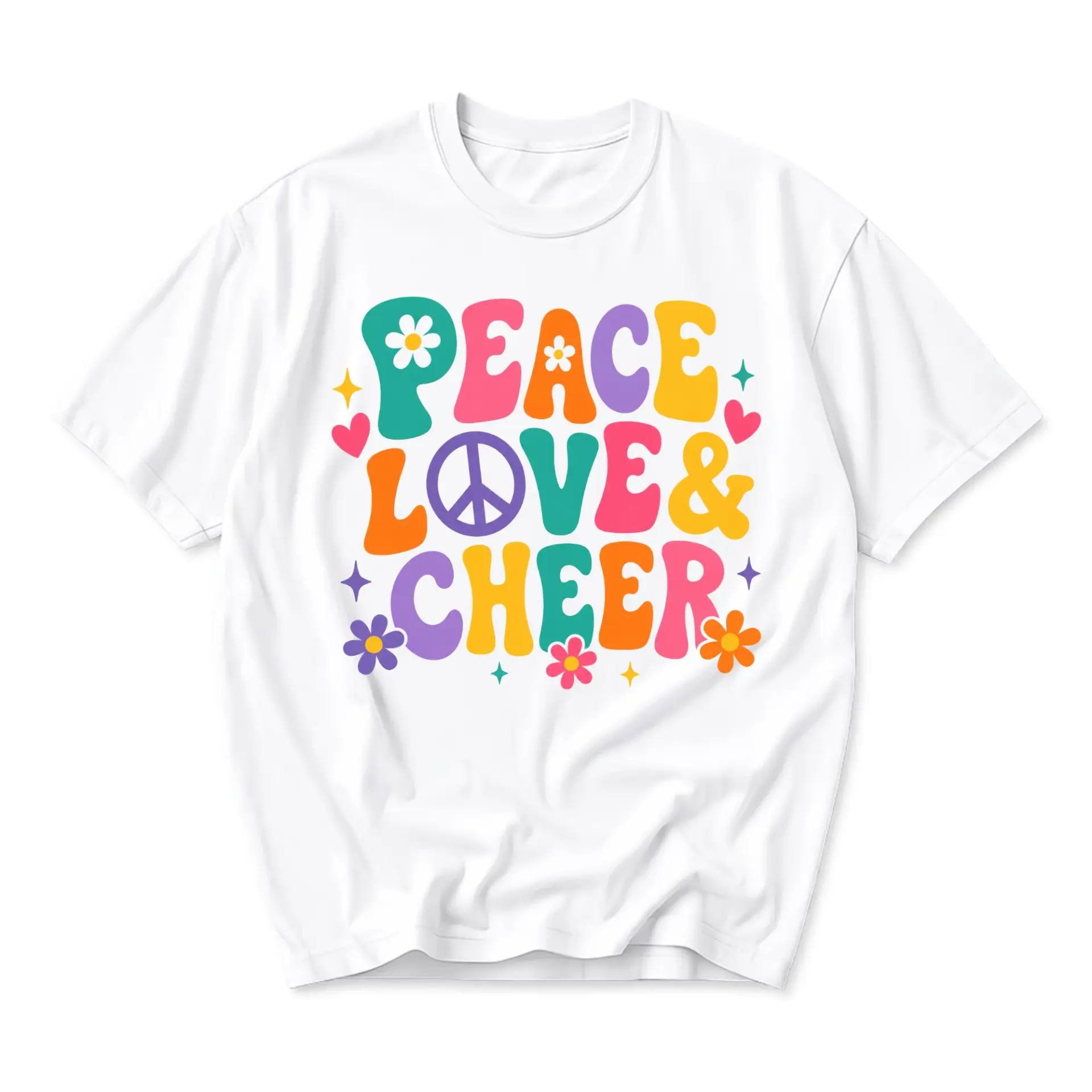 Graphic Tee Peace Love and Cheer Retro Style Unisex Crew Neck Short Sleeve