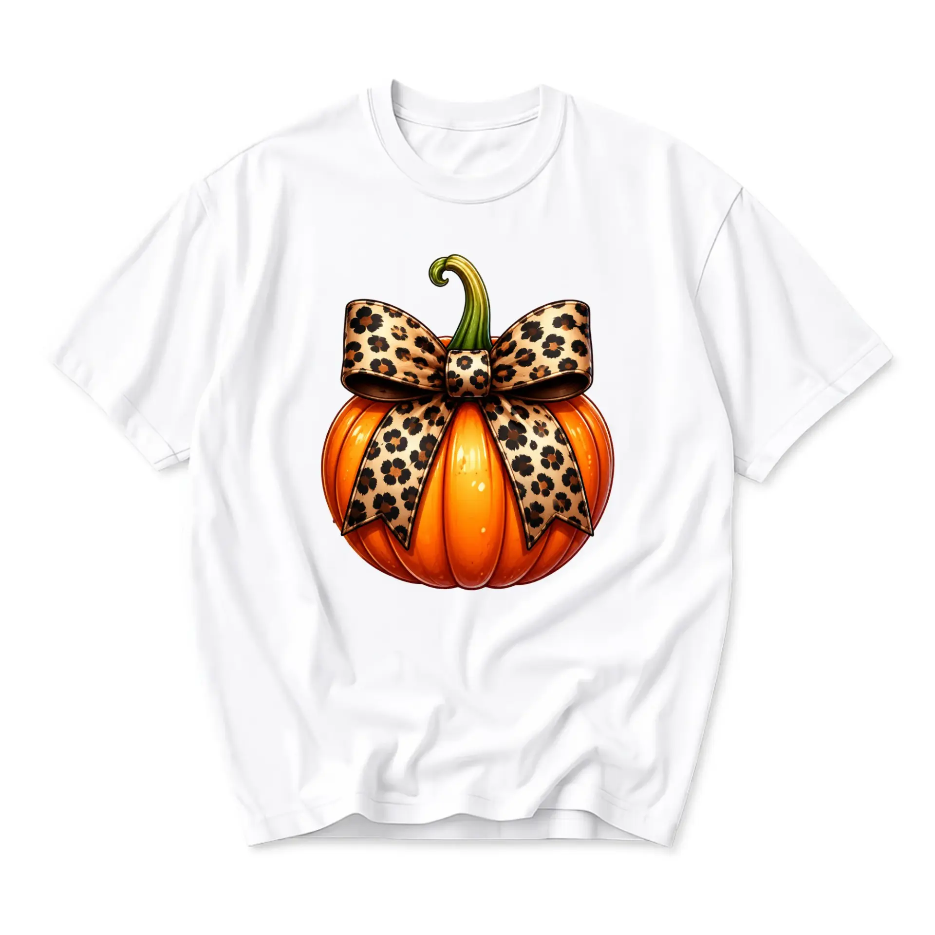 Graphic Tee Unisex Pumpkin with Leopard Print Bow Autumn Season Casual Top Soft Cotton Blend Comfortable Everyday Shirt