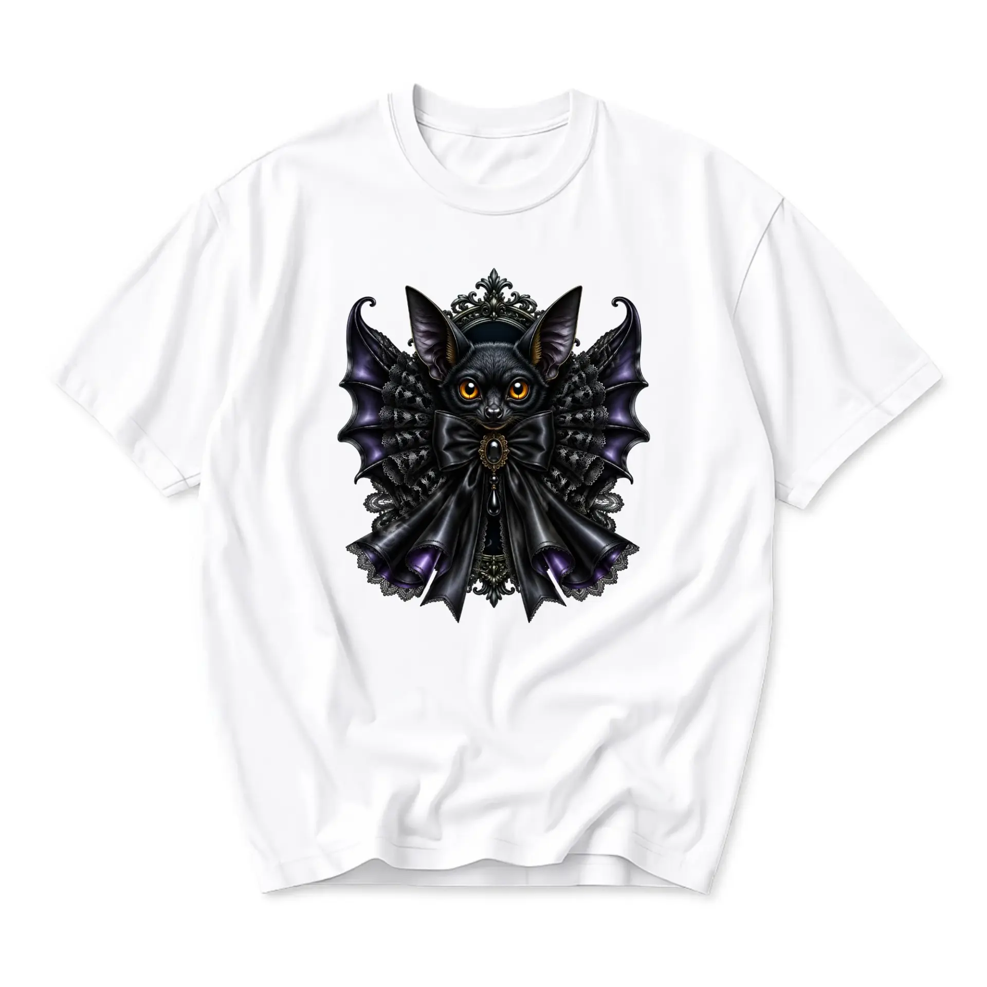 Graphic Tee Unisex Crew Neck T-Shirt Featuring a Dark Gothic Cat Portrait with Bat Wings and Elegant Victorian Bow