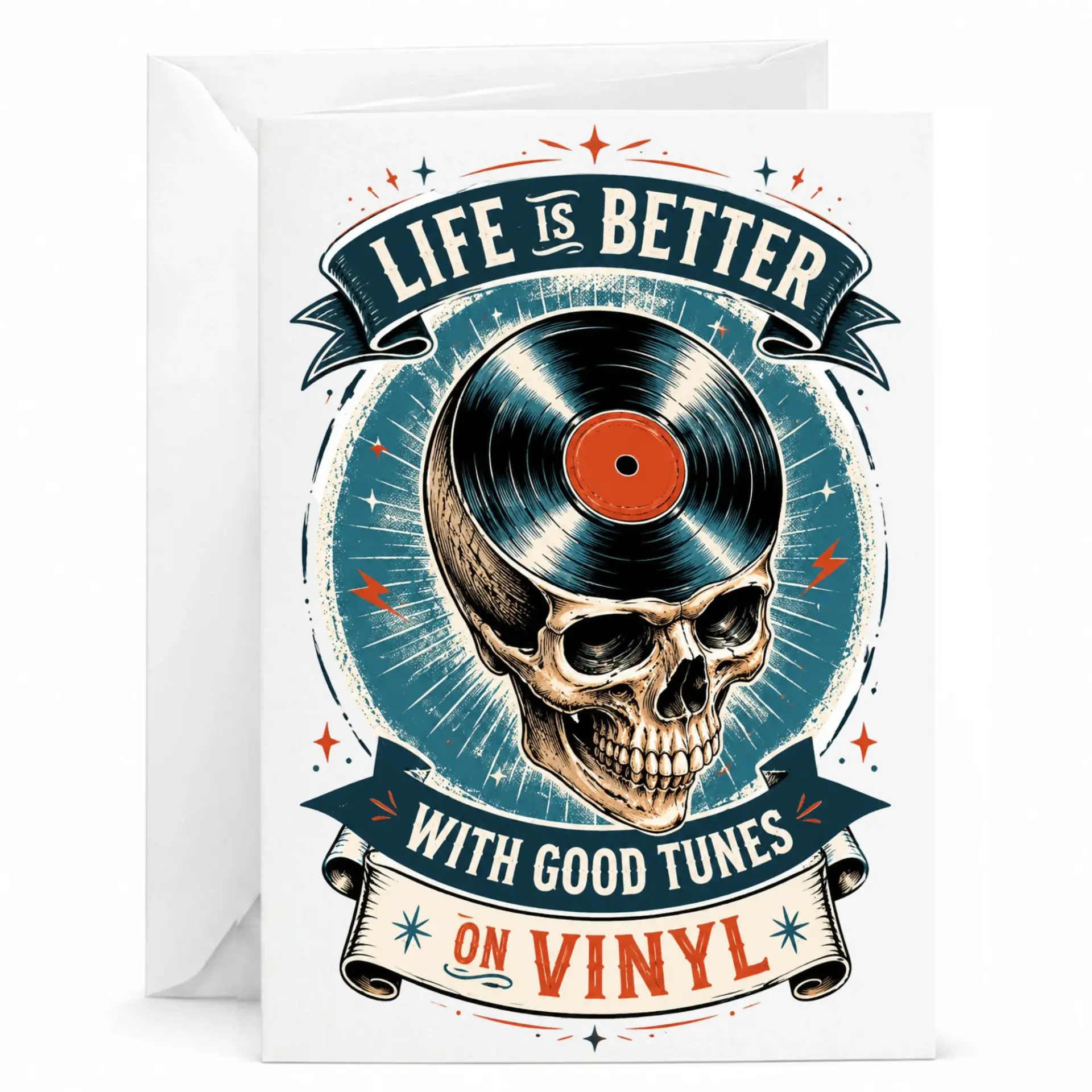 Greeting Card Life Is Better with Good Tunes on Vinyl Featuring Skull and Record Illustration for Music Enthusiasts