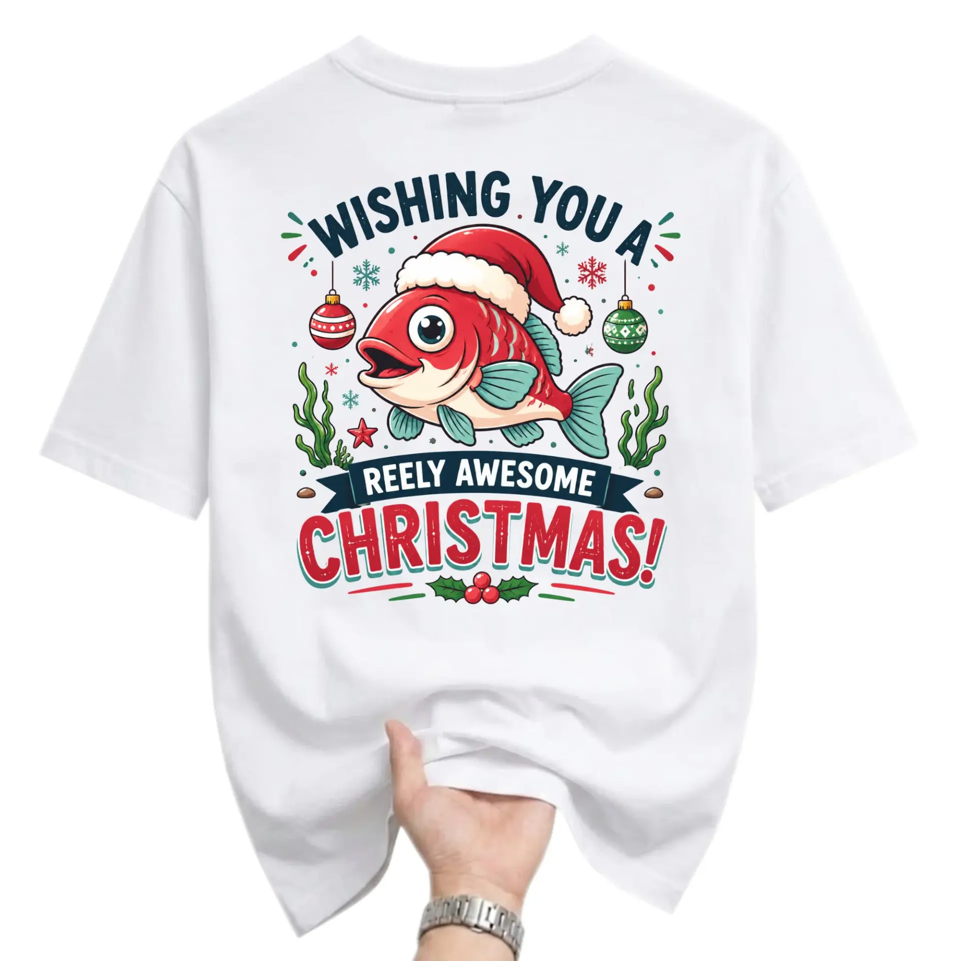 Funny Shirt Christmas Fishing Graphic Tee Holiday Pun Casual Unisex Crew Neck Apparel Soft Preshrunk Cotton White Top