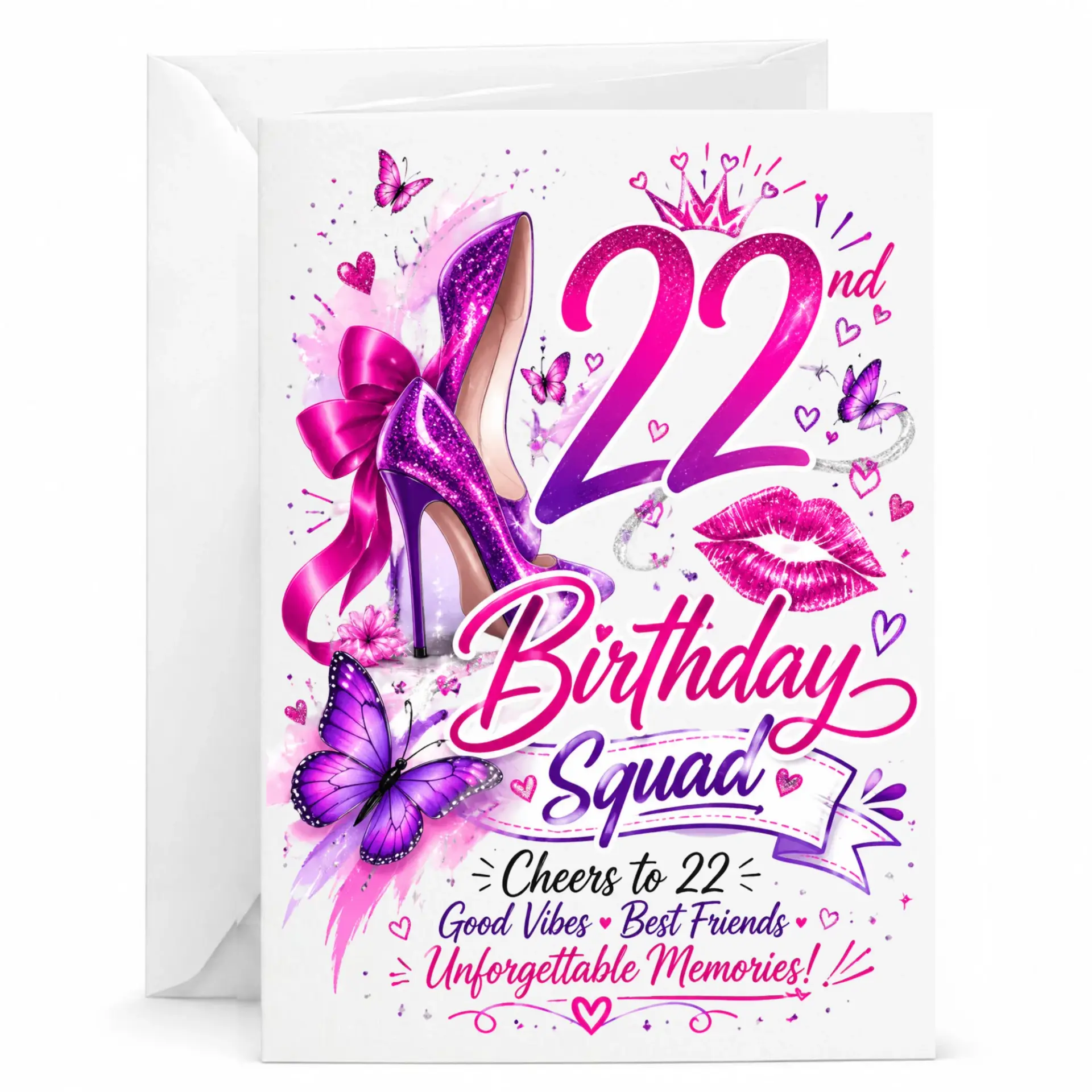 Birthday Card for 22nd Birthday, Elegant High Heel and Butterfly Design Greeting Card for Her with White Envelope