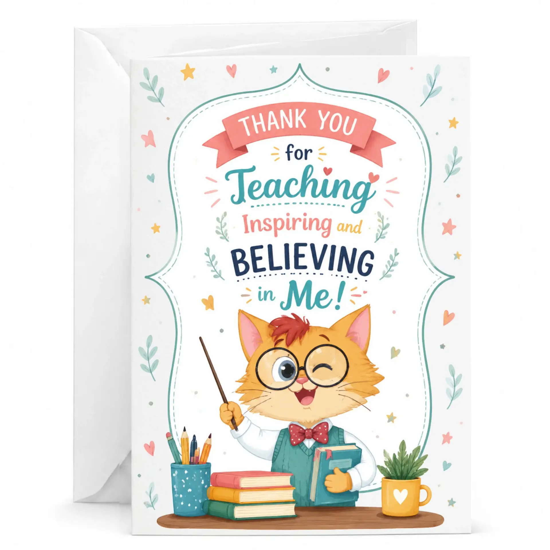 Card for Teacher Featuring Whimsical Winking Cat Illustration and Appreciation Greeting