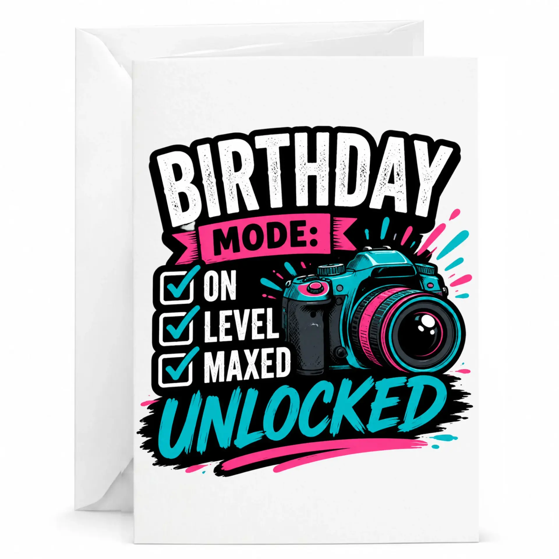 Birthday Card for Photographer Birthday Mode on Level Maxed Unlocked Greeting Card with Matching White Envelope