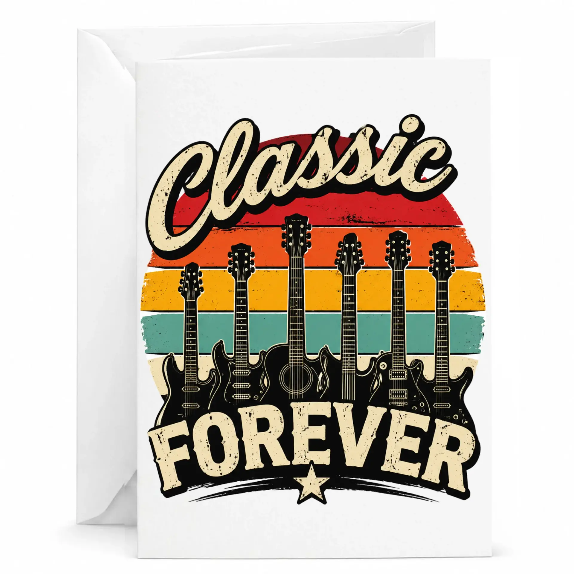 Greeting Card Classic Forever Retro Guitar Design Musical Theme Art Folded Stationery for Musicians and Music Lovers