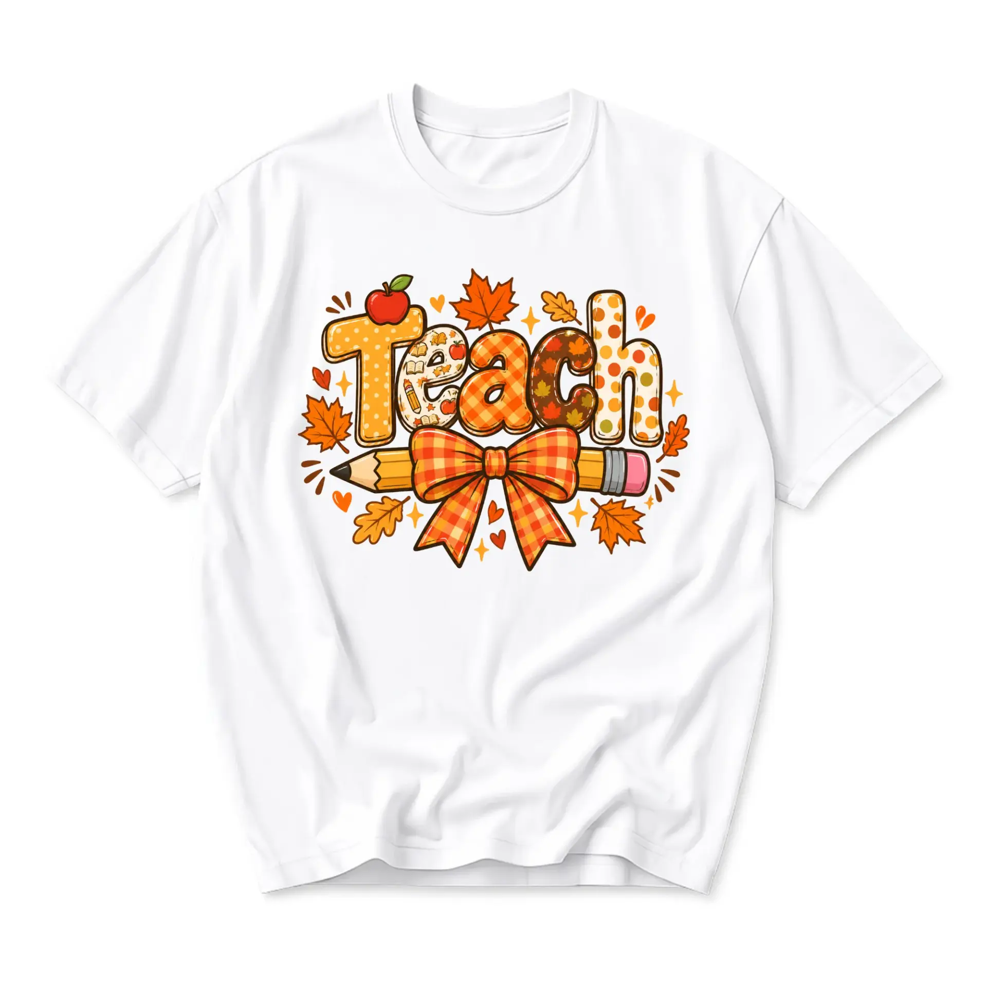 Graphic Tee Teach Fall Season Autumn Shirt with Pencil and Bow Design Casual Unisex Crew Neck Apparel Top White