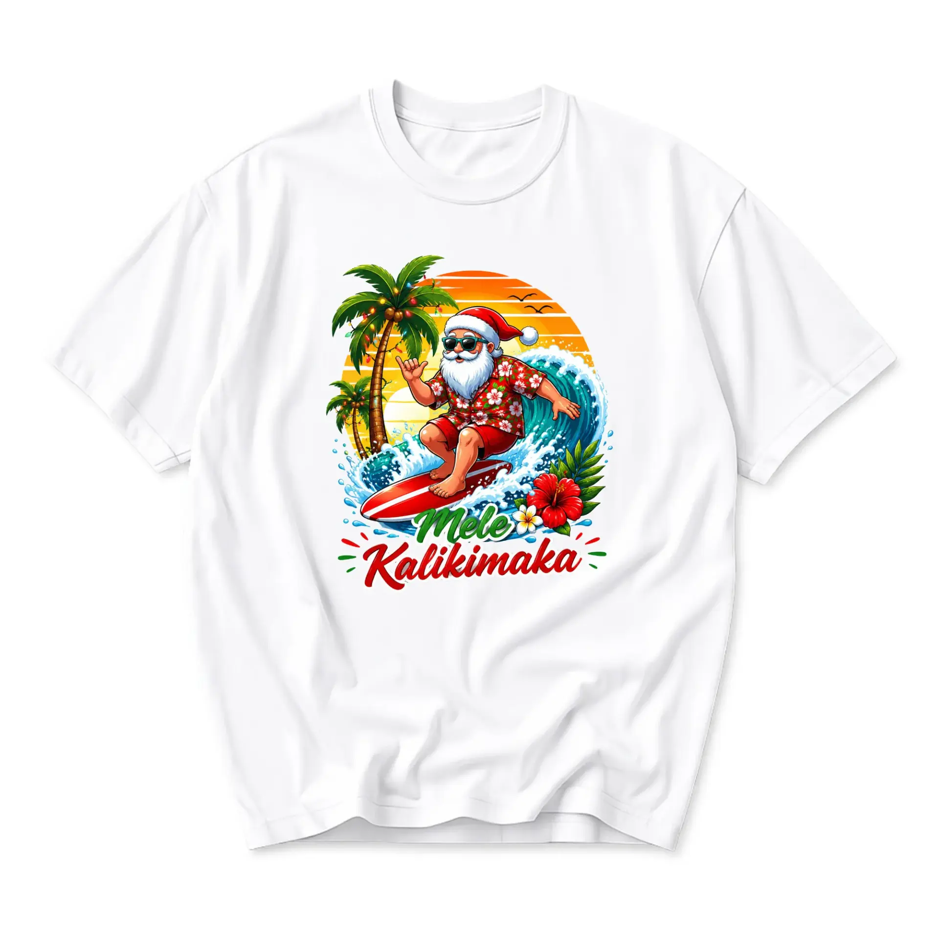 Graphic Tee Tropical Santa Surfing Mele Kalikimaka Holiday Unisex Crew Neck