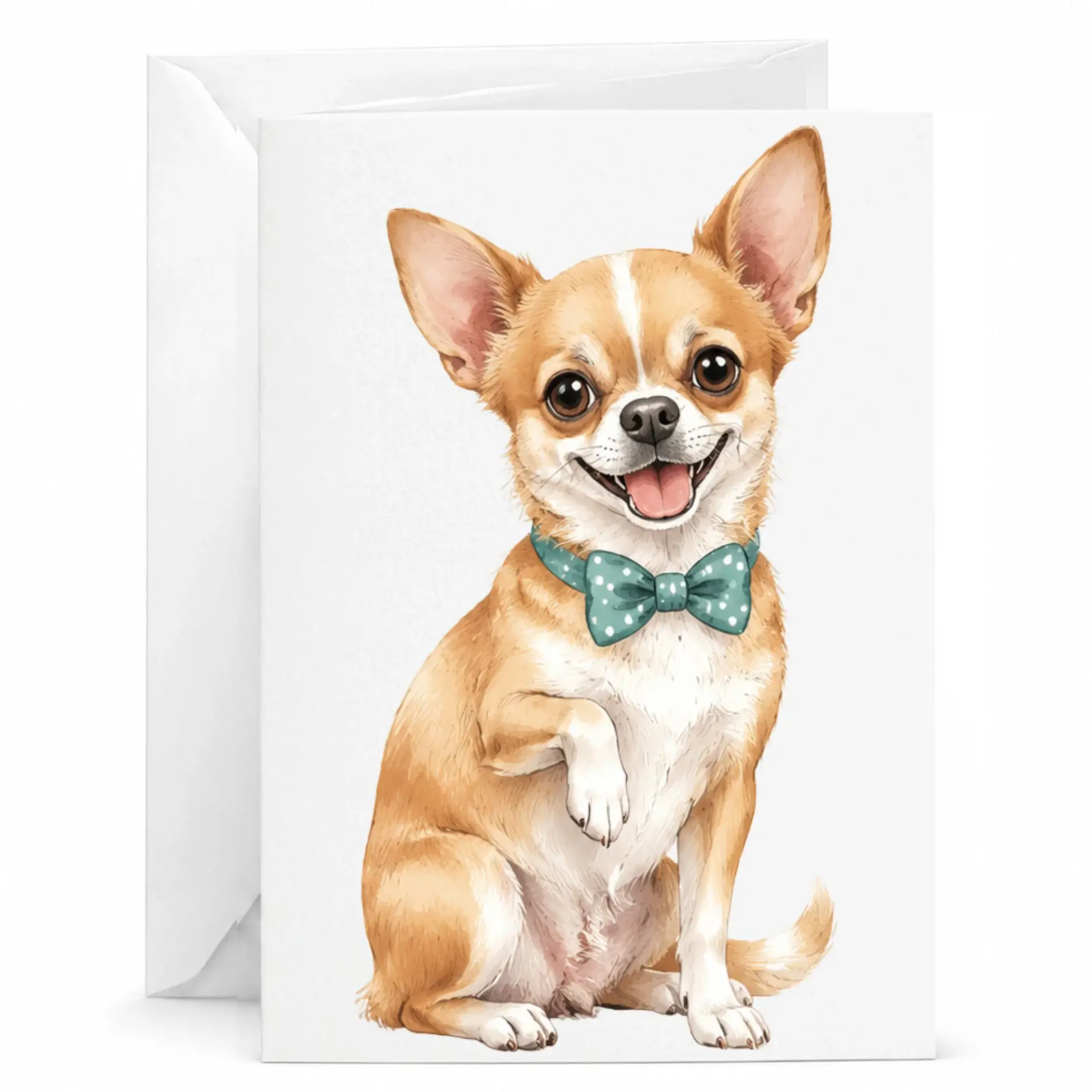 Greeting Card Featuring a Cheerful Chihuahua Dog Wearing a Polka Dot Bow Tie Illustration for All Occasions