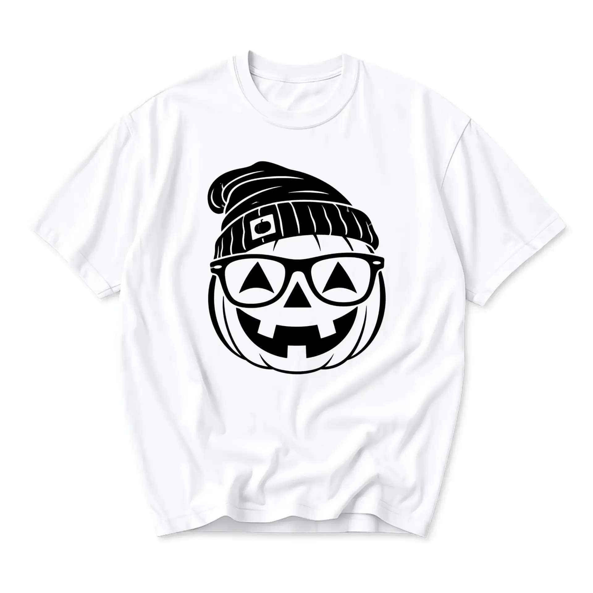 Funny Shirt Pumpkin Wearing Beanie and Glasses Graphic Tee Unisex Casual Apparel for Seasonal Holiday Outfits
