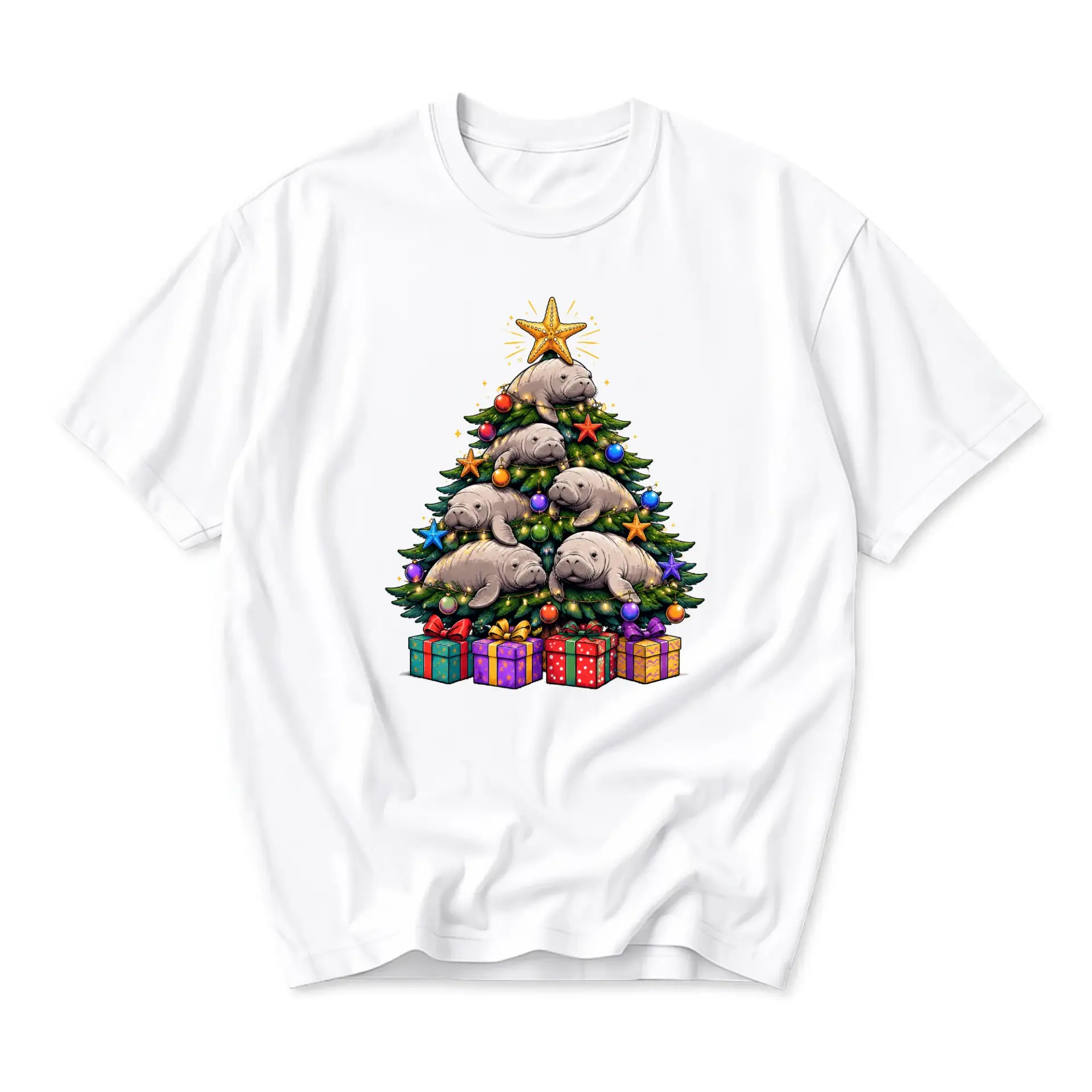 Graphic Tee Manatee Christmas Tree Shirt Unisex Short Sleeve Crew Neck Holiday Gift Casual Cotton Apparel White