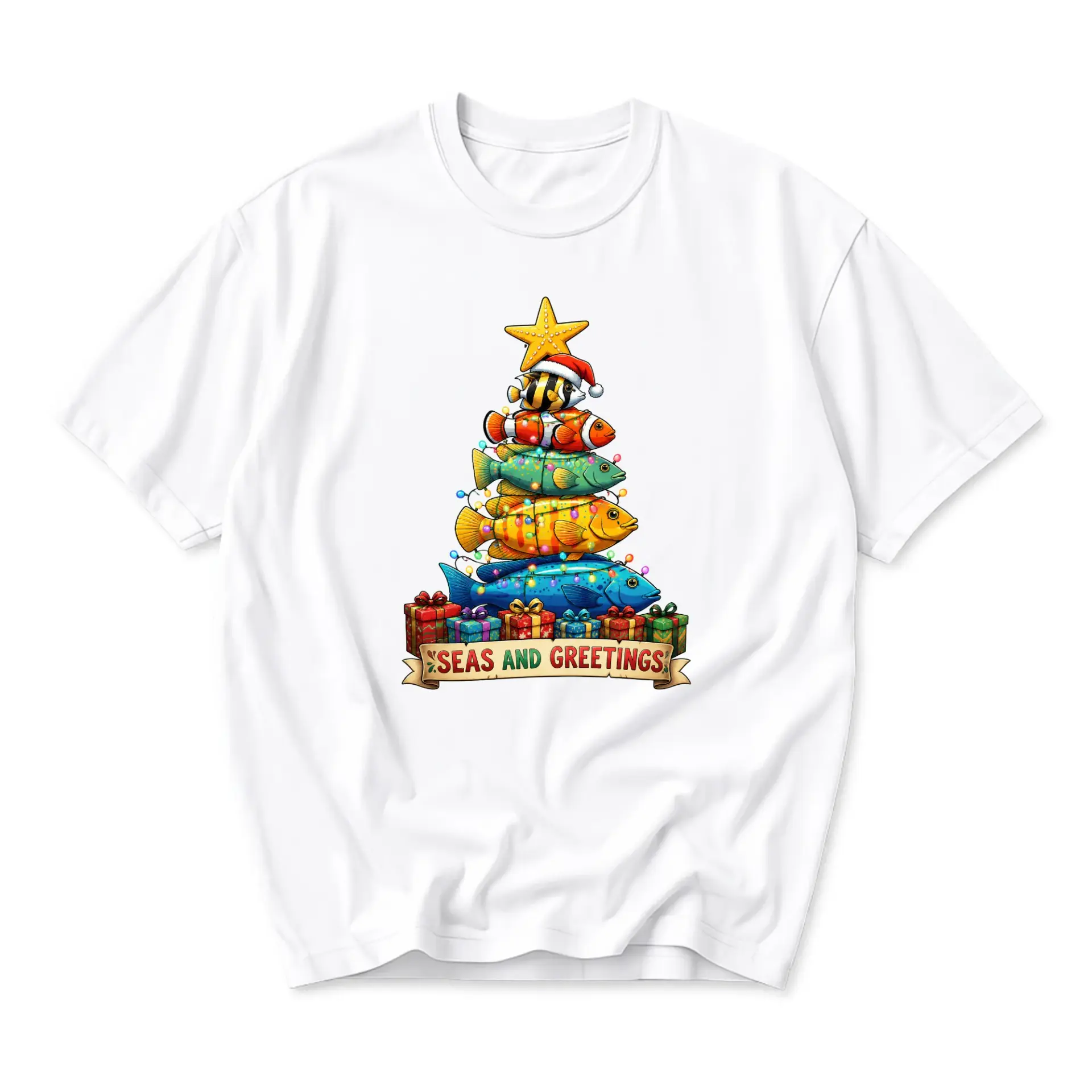 Funny Shirt Seas and Greetings Graphic Tee Tropical Christmas Tree Fish