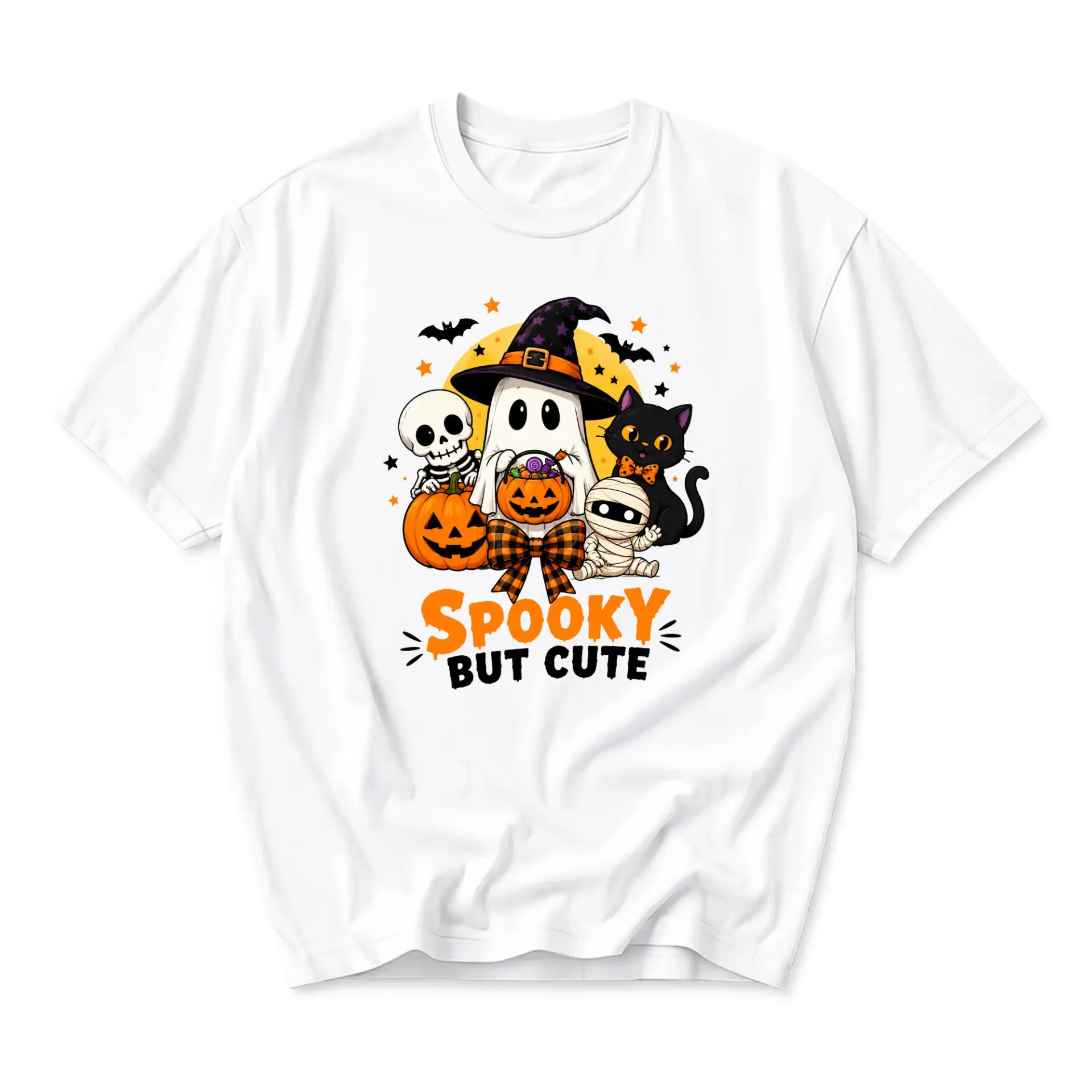 Graphic Tee Spooky but Cute Halloween Shirt Unisex Casual Crew Neck Top Featuring Ghost Pumpkin Mummy Black Cat