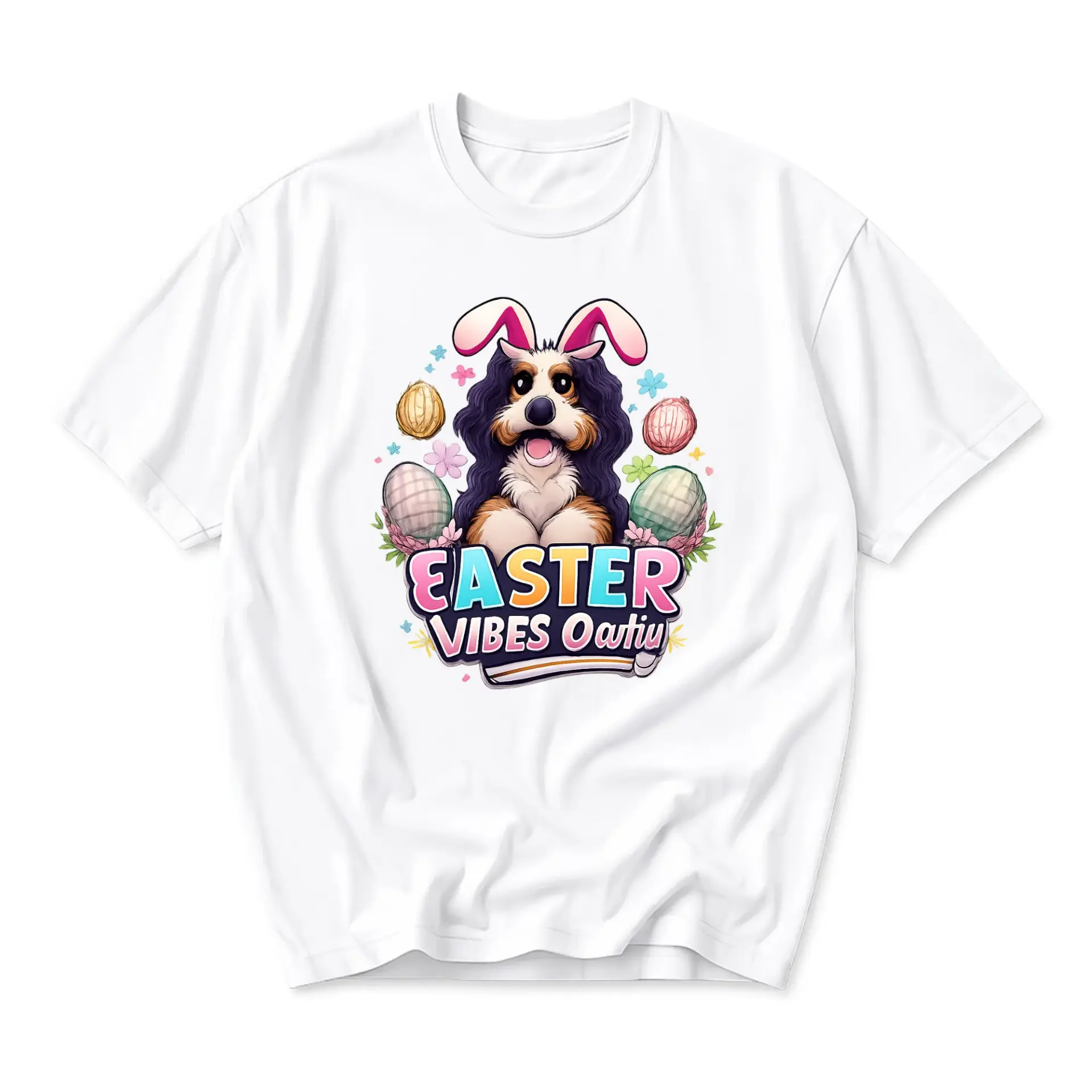 Graphic Tee Easter Puppy Wearing Bunny Ears Cute Floral Egg Illustration