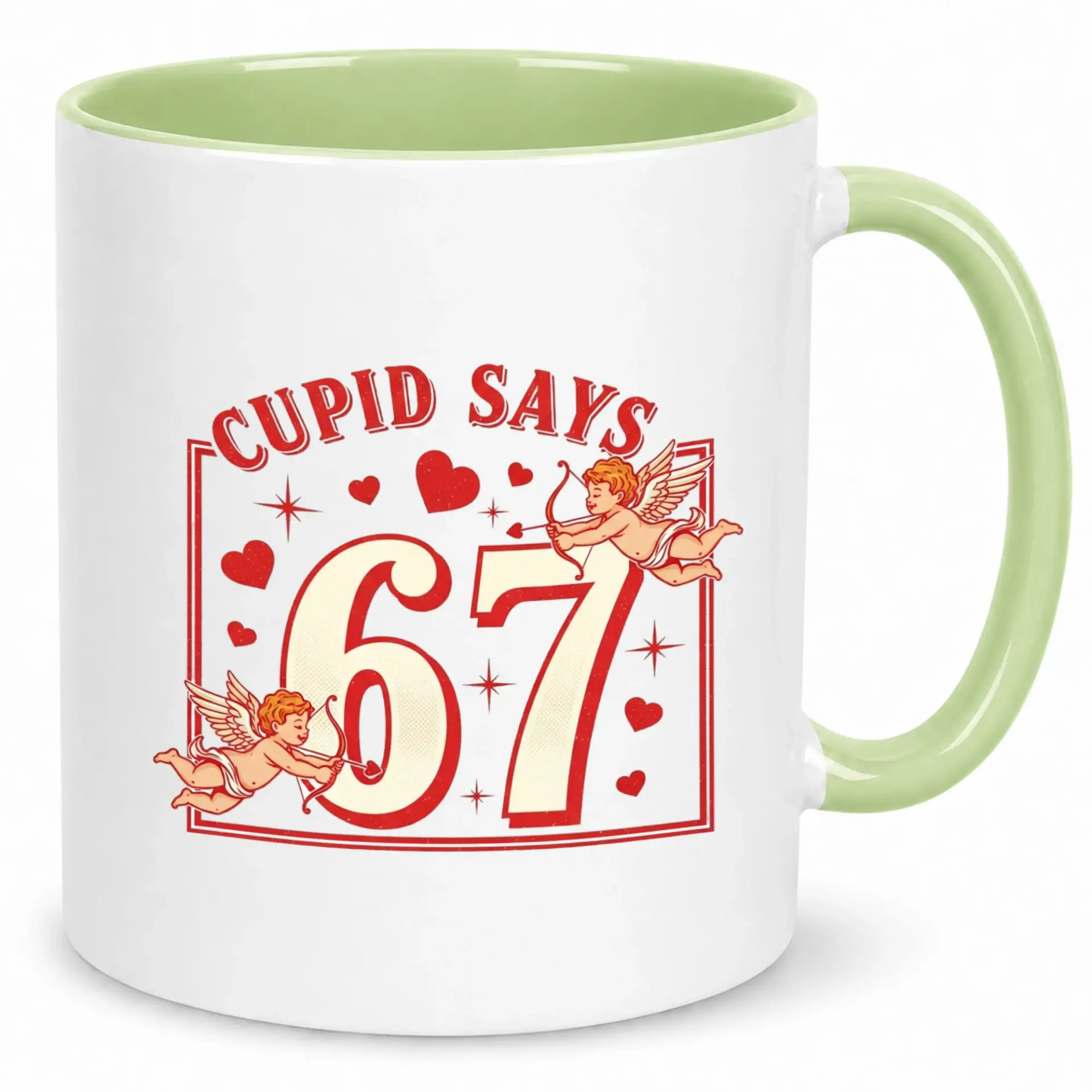 Ceramic Coffee Mug with Cupid Says 67 Design, Valentine's Day Themed Beverage Cup, Ideal Gift for Birthdays and Anniversaries