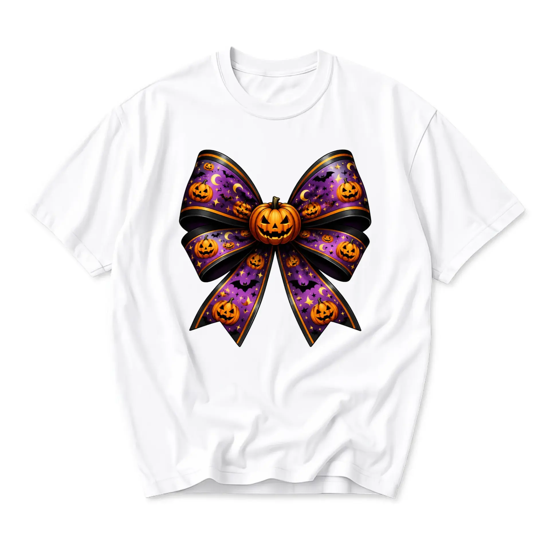 Graphic Tee Unisex Halloween Pumpkin Bow Shirt Seasonal Festive Fall Apparel Casual Short Sleeve Cotton Blend Top
