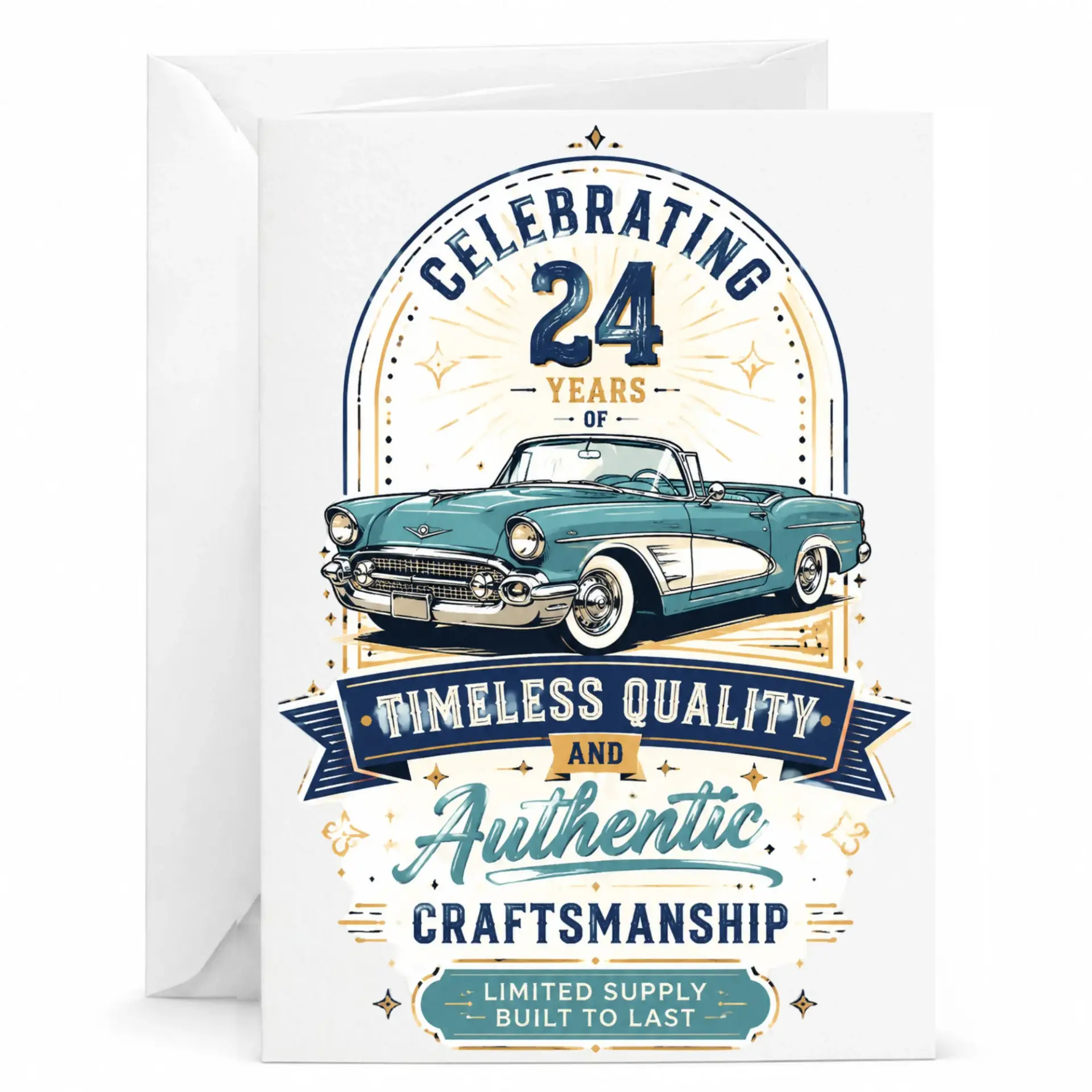 Greeting Card for 24th Birthday Anniversary Featuring Vintage Classic Convertible Car Retro Design Milestone Celebration