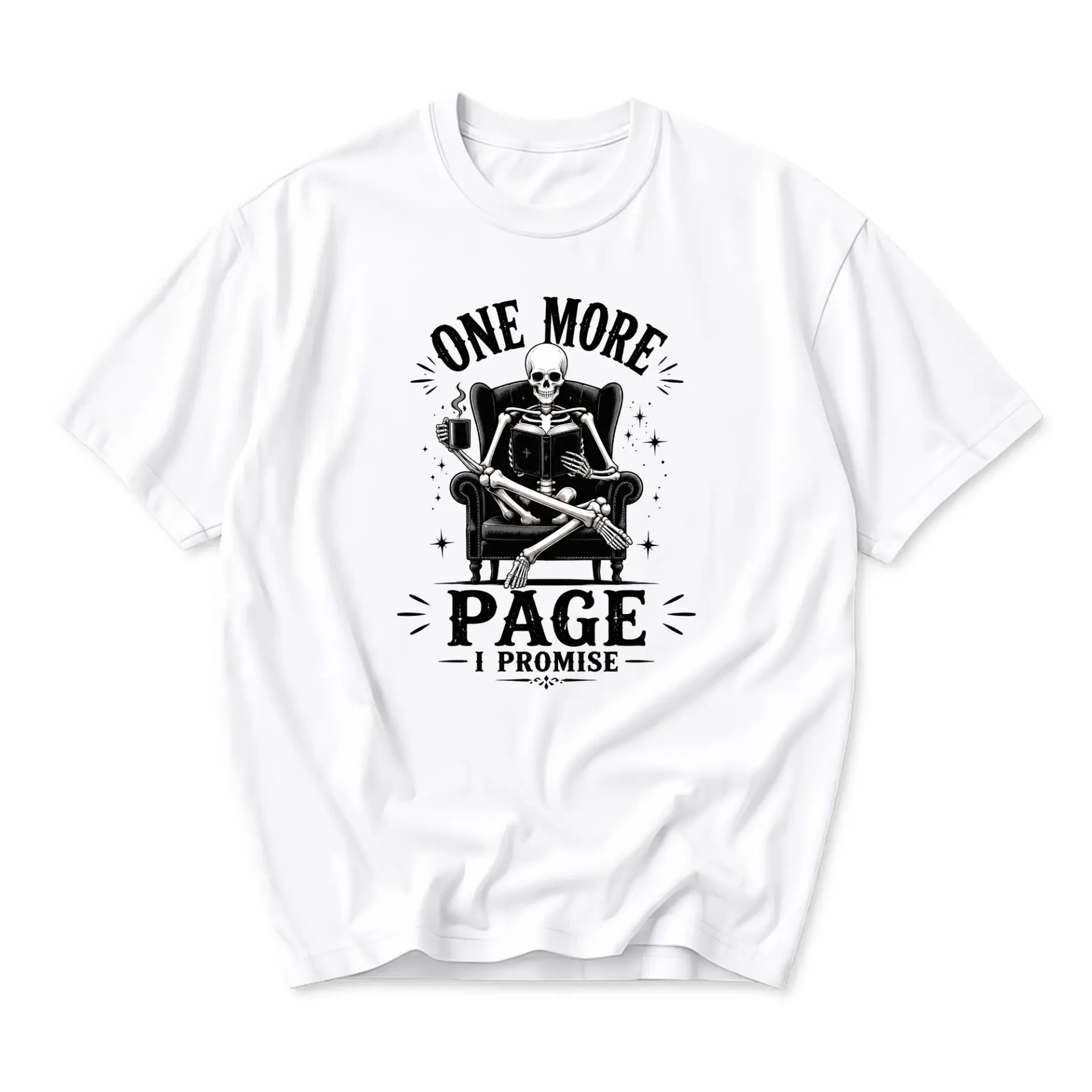 Graphic Tee One More Page I Promise Skeleton Reading Book Design Unisex Casual Crew Neck Short Sleeve Cotton Shirt