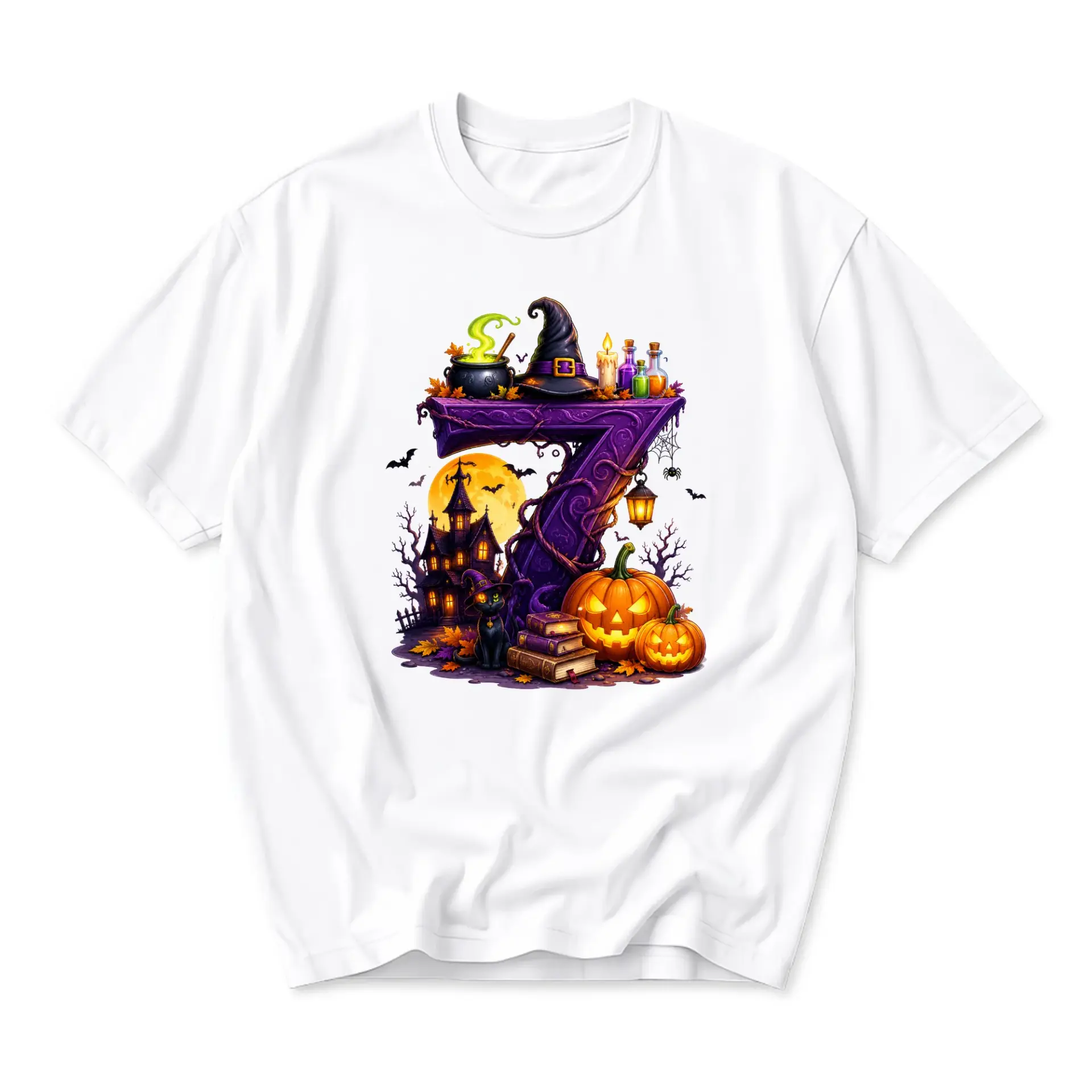 Graphic Tee Unisex Halloween Number Seven Shirt with Witchy Haunted House Pumpkin and Black Cat Seasonal Print