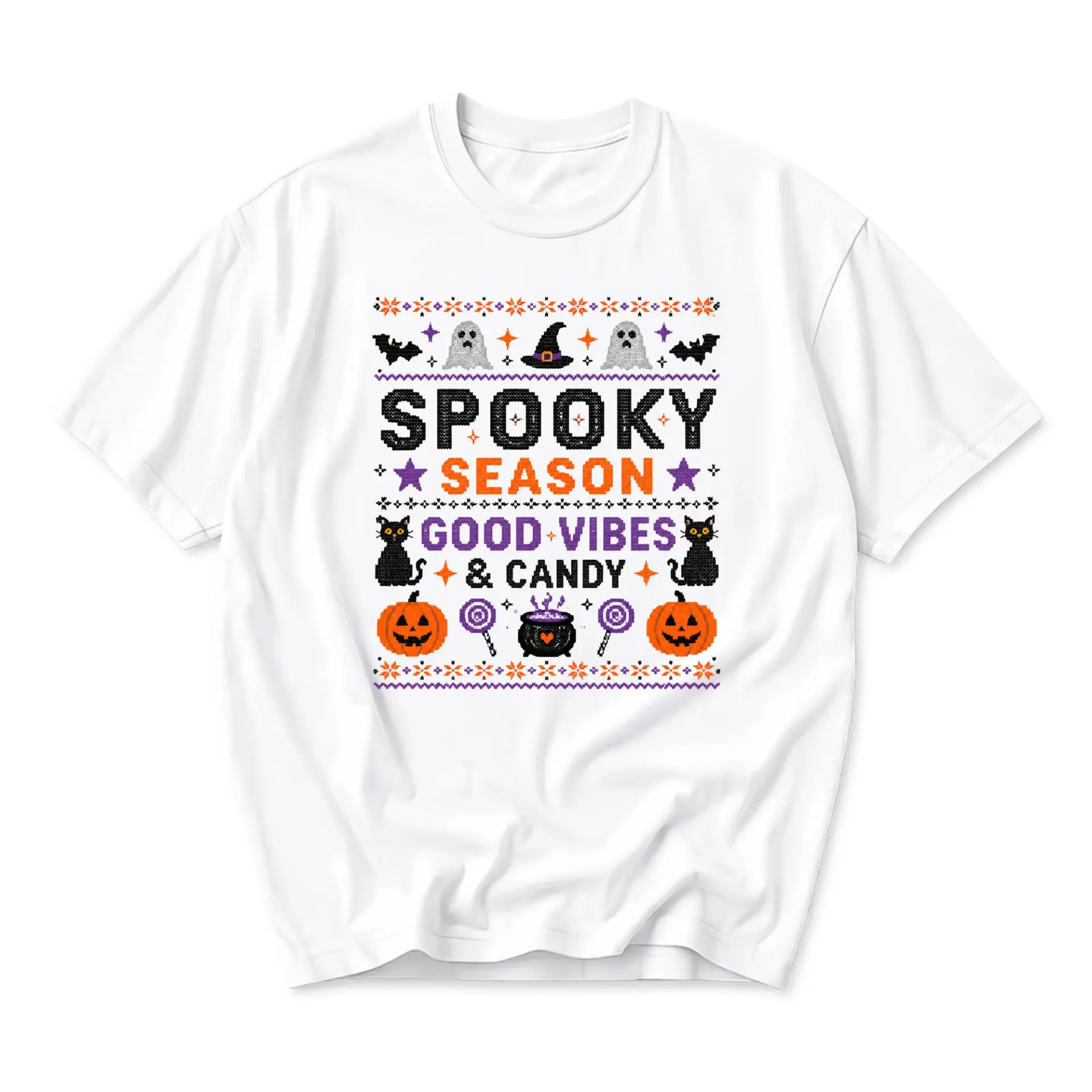 Graphic Tee Spooky Season Good Vibes and Candy Autumn Halloween Inspired Unisex Short Sleeve Crew Neck Cotton Shirt